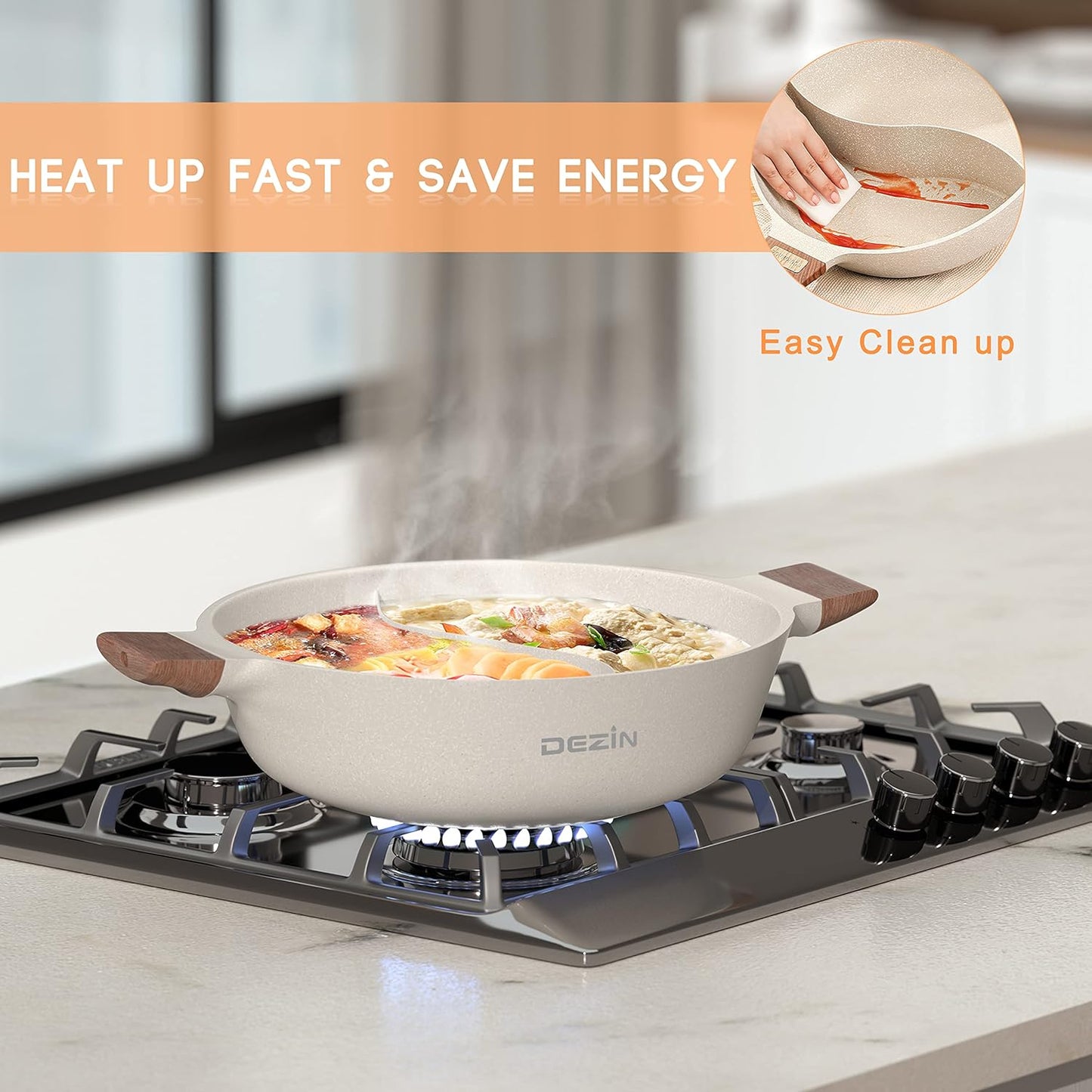 Dezin 5-QT Double-flavor Shabu Shabu Pot with Divider, Dual Sided Nonstick Hot Pot, 12 Inch Divided Stockpot for Cooking, Hotpot for Induction Cooktop, Gas Stove & Hot Burner, Soup Ladle Included