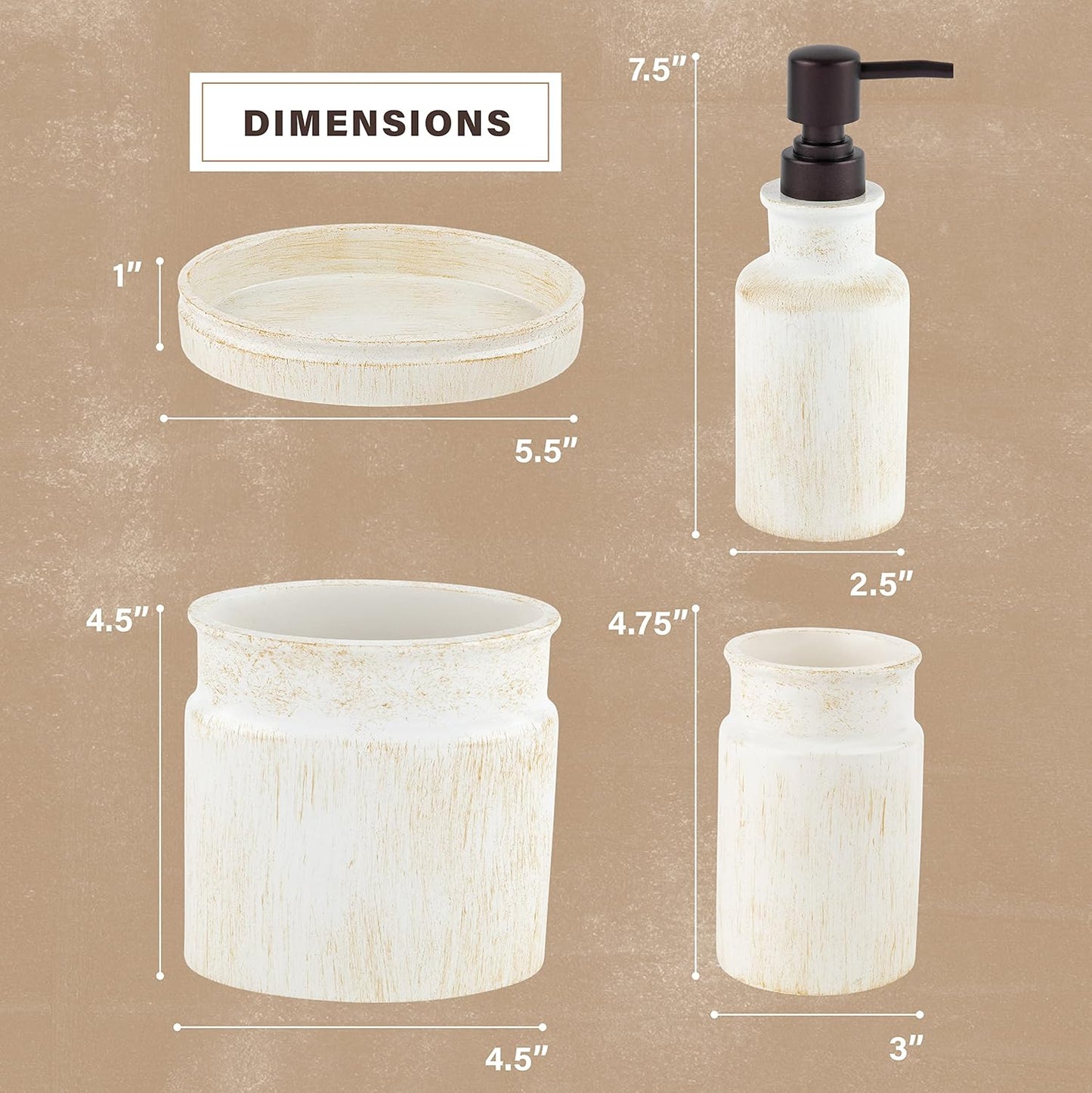 Creative Scents Rustic Luxe Bathroom Accessory Set Complete - 4 Piece Beige Bathroom Soap Dispenser Set has: Lotion Dispenser, Toothbrush Holder, Tumbler & Soap Dish; Modern Farmhouse Bathroom Decor