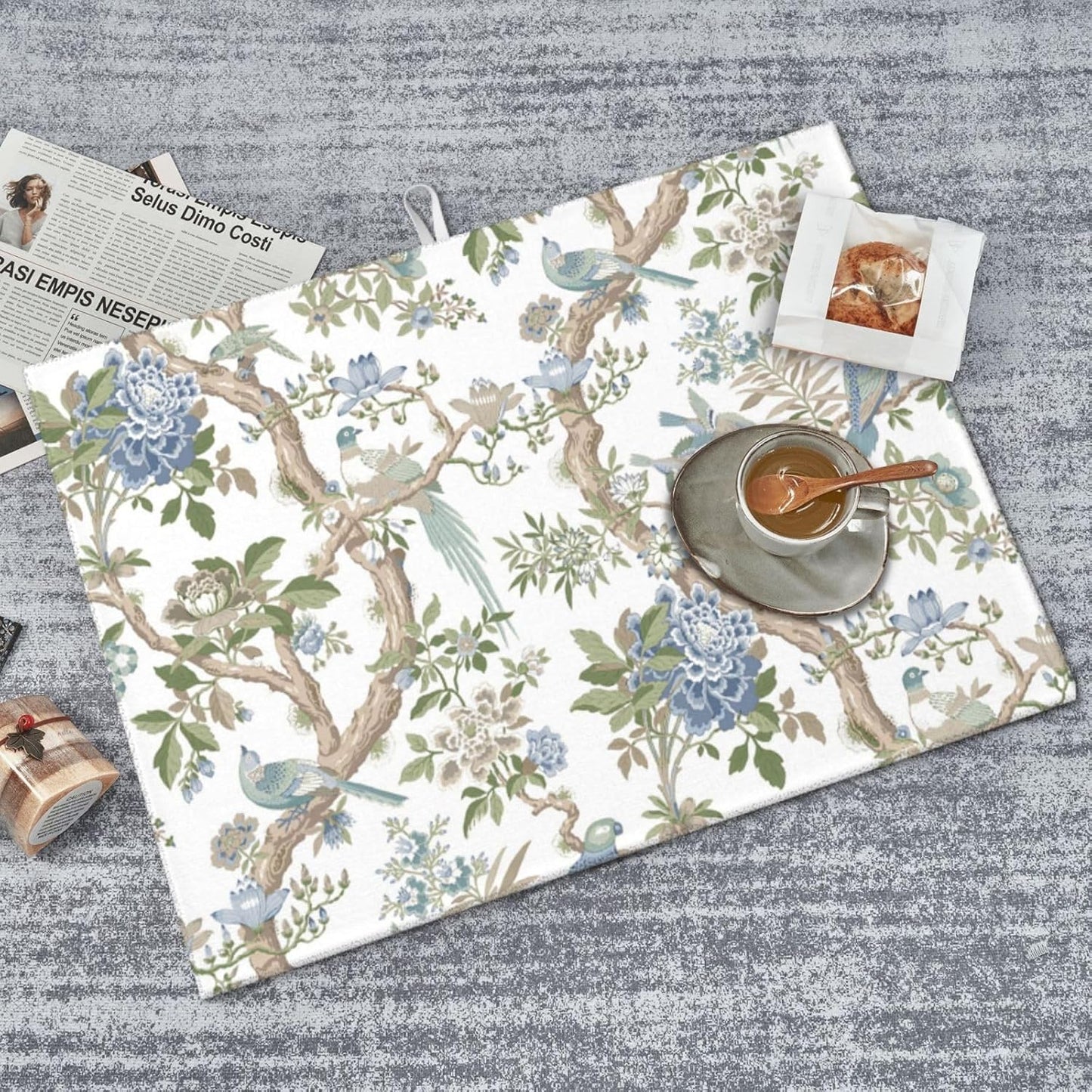 Floral Bidrs Dish Drying Mat 18x24 for Kitchen Counter, Blue Green Chinoiserie Decorative Absorbent Coffee Mat Dish Drying Pad Coffee Bar Dish Drainer Rack Mat Drainer Mat