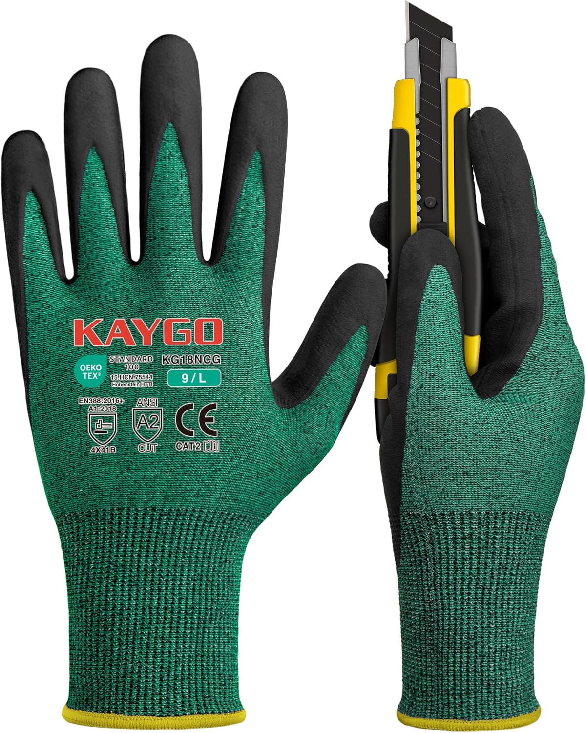 KAYGO Safety Work Gloves MicroFoam Nitrile Coated, 3 Pairs KG18N, Cut Resistant Glove with Abrasion and Oil Resistant Grip, ANSI Cut Level A2, L, Green