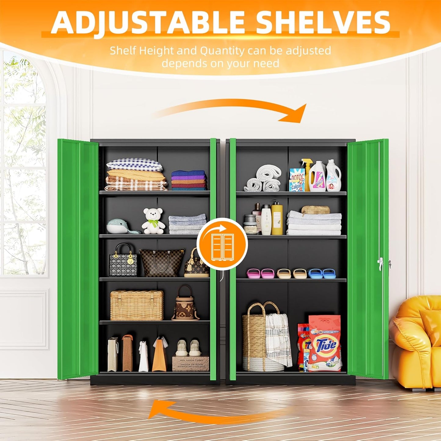 INTERGREAT Storage Cabinet, 72” Steel Locking Closet with Doors and 4 Adjustable Shelves, Tool Unit for Home Office, Garage & Tall Lockable File Cabinet, Black Green.