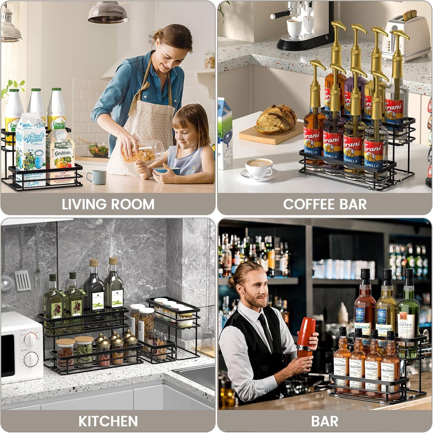 Coffee Syrup Rack Organizer, Syrup Bottle Holder Stand for Coffee Bar, 2-Tier 6 Bottles Storage Shelves for Syrup, Wine, Dressing for Kitchen Countertop (6 Bottles Black)