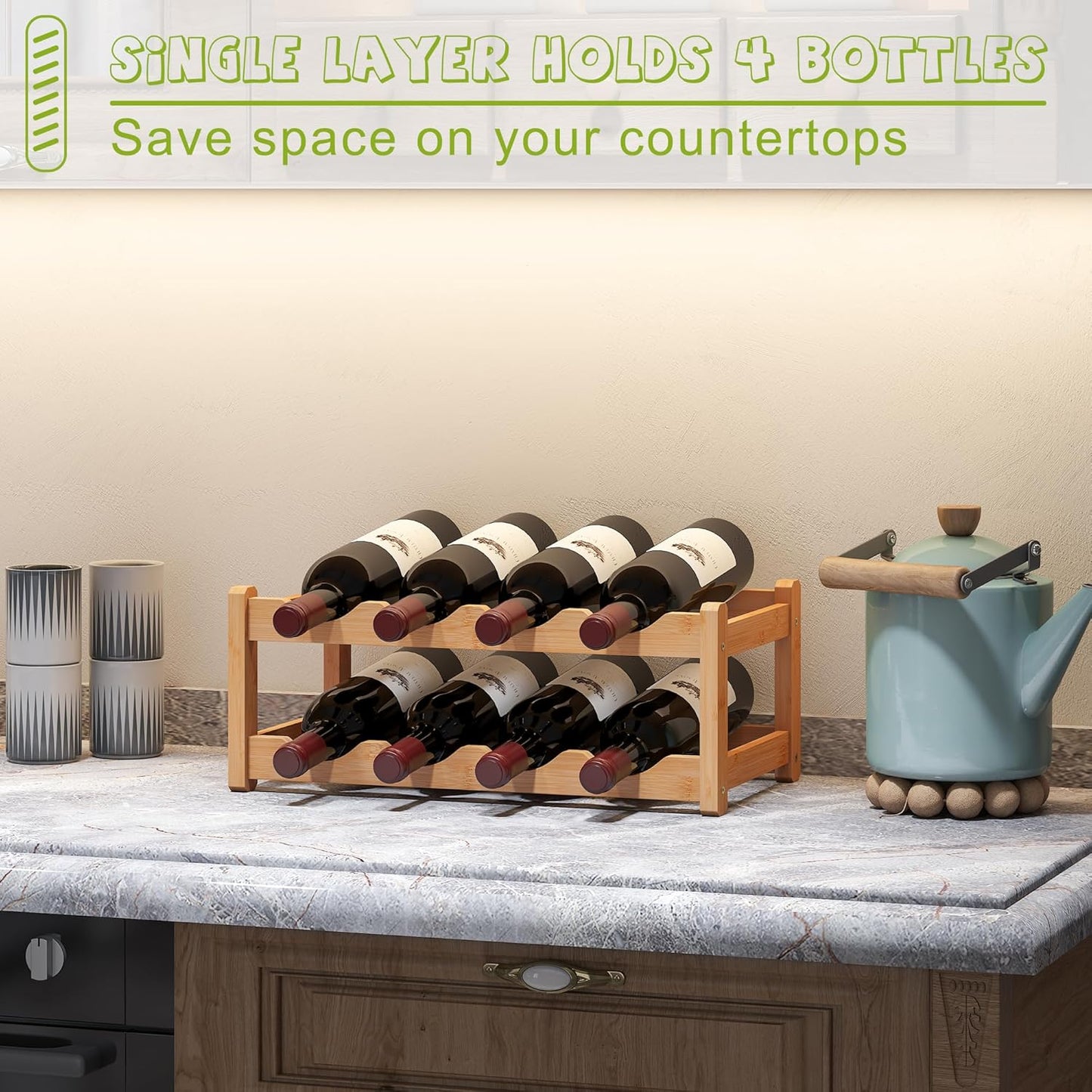 BMOSU Bamboo Wine Rack Wine Storage Cabinet Shelf 8 Bottle Wine Racks Countertop Sturdy for Kitchen Dining Room Pantry - 2 Tiers Wine Rack(Natural)