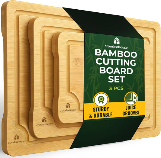 Bamboo Cutting Board Set of 3 - Thick & Durable Wood Cutting Boards with Deep Juice Grooves & Build-in Handles, Large Surface, Easy to Clean – for Meat, Vegetables and Fruits