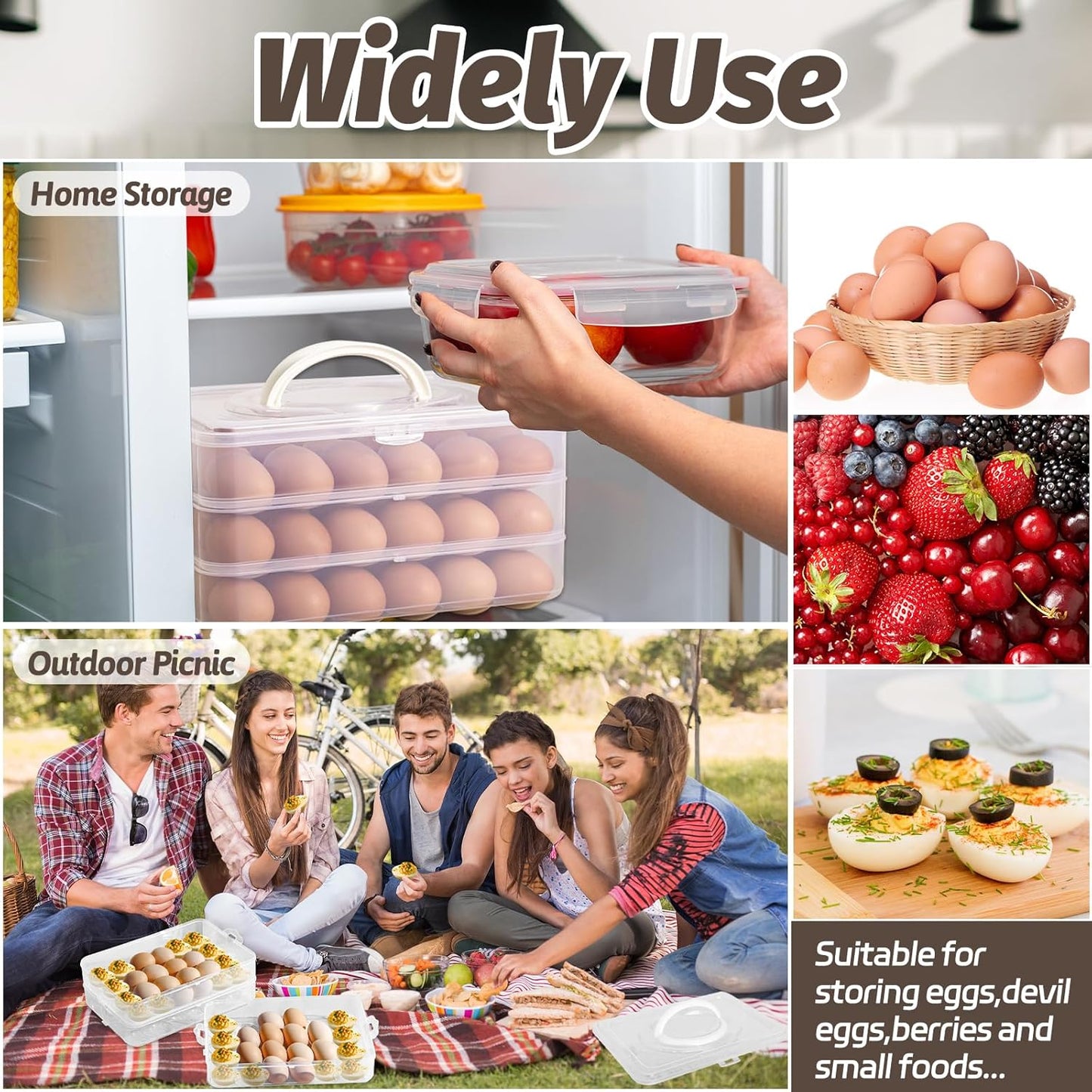 Egg Holder for 72 Eggs,3-Layer Plastic Egg Container,Deviled Egg Tray with Handle Lid,Devil Egg Holder for Refrigerator,Kitchen,Easter Party,Keep Fresh