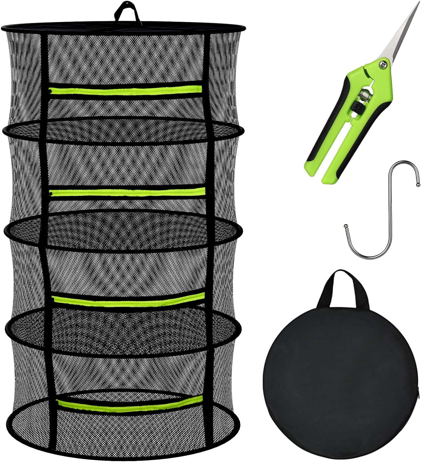 Herb Drying Rack - Mesh Drying Rack - Herb Drying Rack Hanging with Green Zipper & Garden Pruning Shears for Drying Herb - Hanging Drying Rack - Plant Drying Rack (4 Layers)