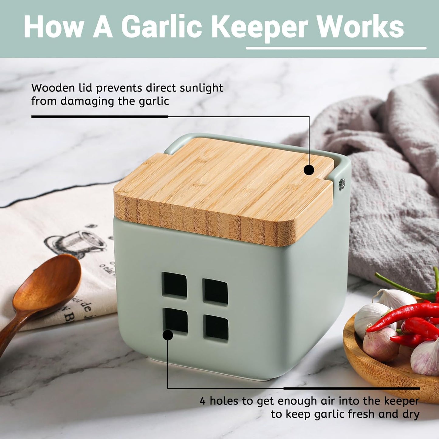 Garlic Container for Counter Ceramic Garlic Keeper Storage Garlic Holder with Lid to Keep Your Garlic Cloves Fresh Longer(Green)
