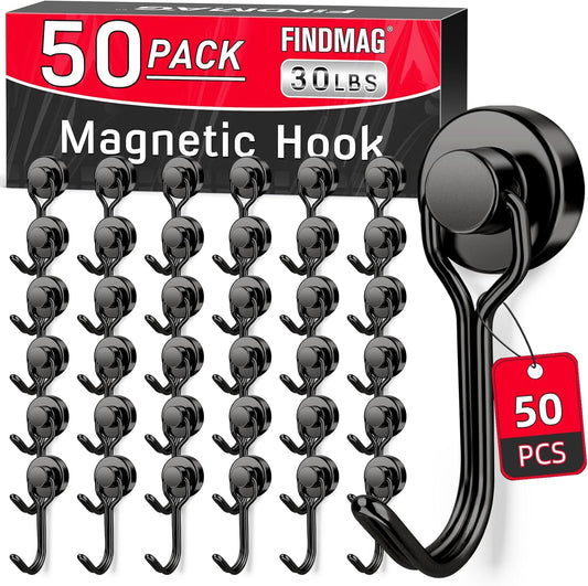FINDMAG 50 Pack Magnetic Hooks, 30lbs+ Magnetic Hooks Heavy Duty for Cruise, Strong Magnet Hooks for Fridge, Neodymium Magnets with Hooks for Kitchen, Grill, Home, Garage, Toolbox (Black)