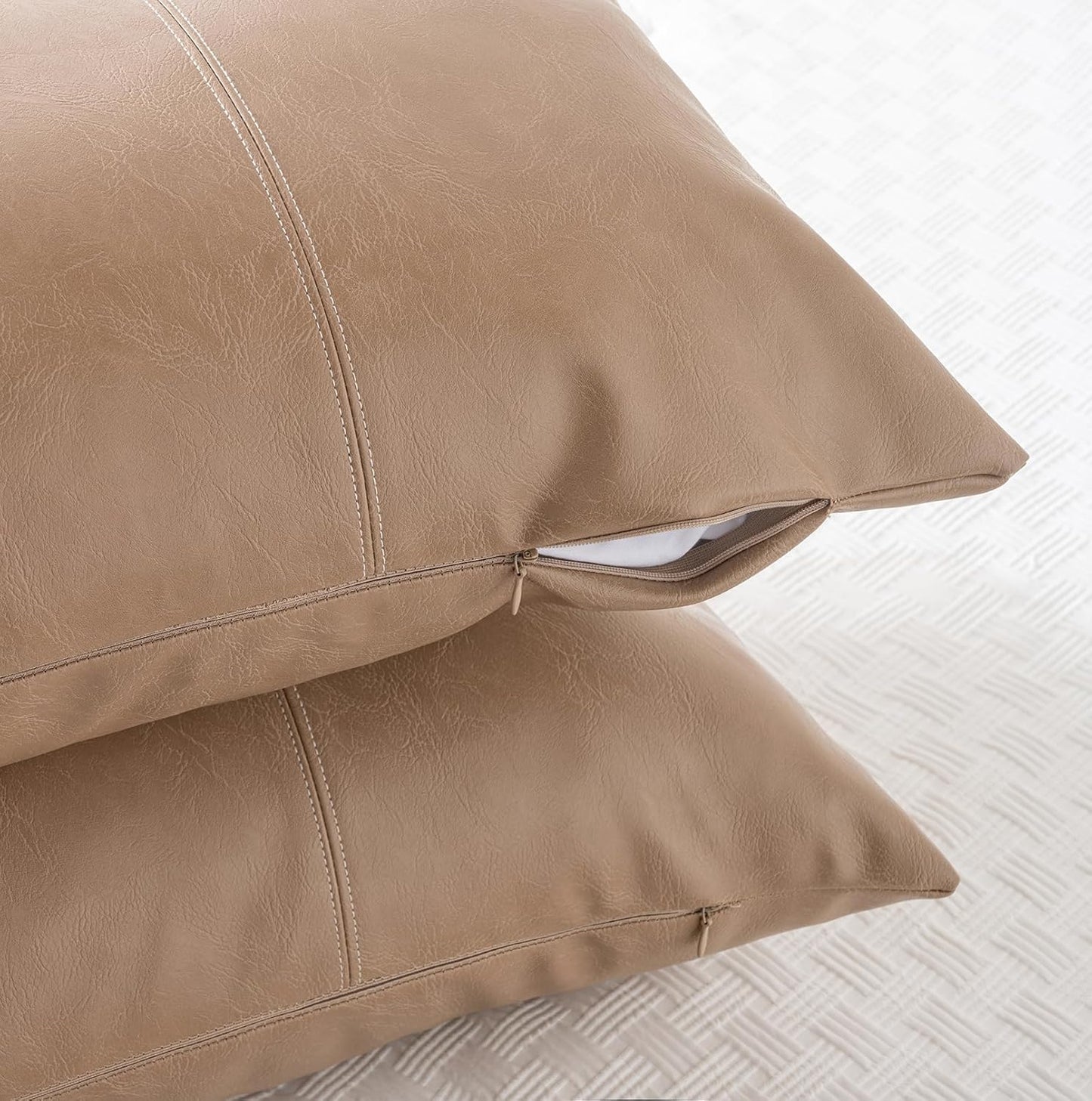 Fancy Homi Tan Long Lumbar Waterproof Faux Leather Body Decorative Throw Pillow Cover 14x36 Inch for Bedroom Couch Bed Bench, Beige Hand Stitched Cushion Case, Taupe Modern Farmhouse Room Decor