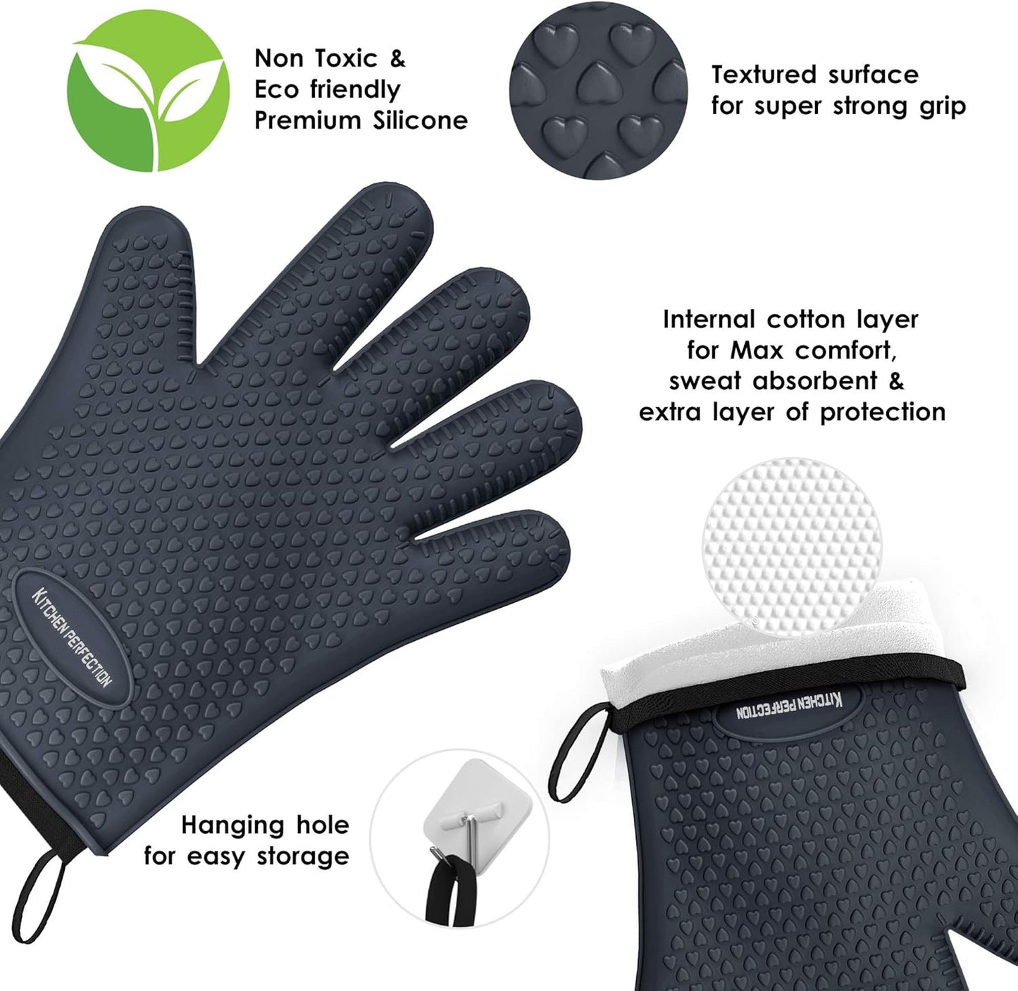 KITCHEN PERFECTION XL Silicone Smoker Oven Gloves-Extreme Heat Resistant BBQ Gloves-Handle Hot Food Right on Your Grill Fryer&Pit|Waterproof Grilling Cooking Baking Mitts|Superior Value Set+3 Bonuses