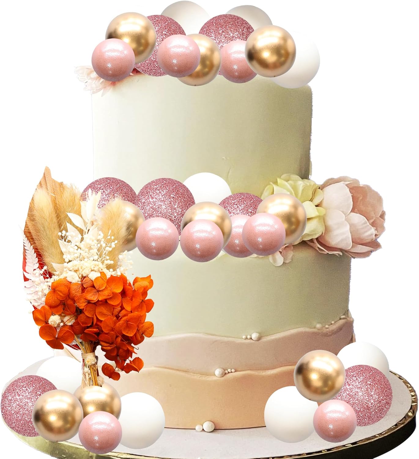 Gyufise 21 Pack Flower Boho Cake Topper Ball Cake Decorations Palm Leaves Plants Cake Decor for Girl Bohemian Princess Theme Wedding Baby Shower Birthday Party Supplies Rose Gold