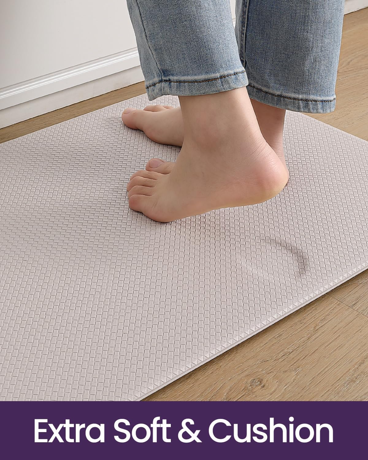 DEXI Kitchen Floor Mats Cushioned Anti Fatigue, 17x79, Large Long Standing Runner Rug Waterproof, Comfort Memory Foam Padded for Front Sink Laundry, Beige White