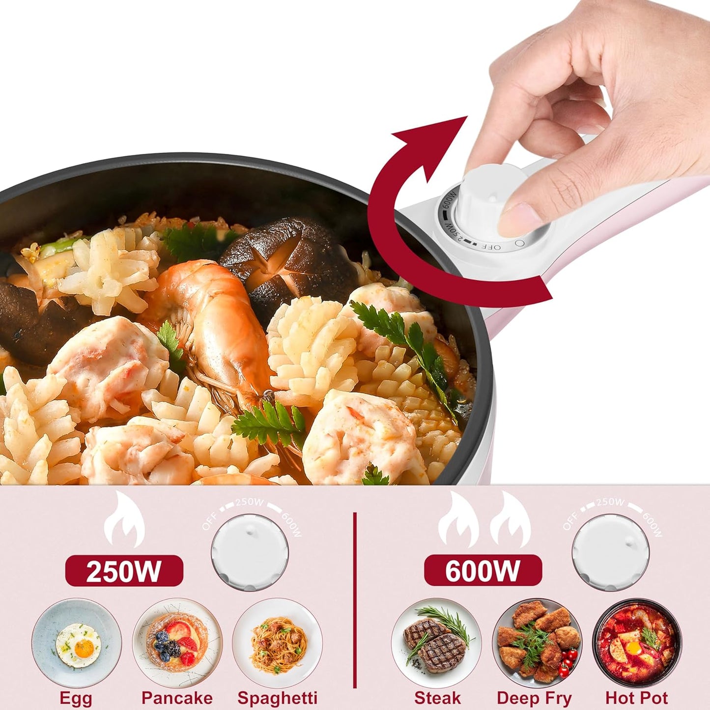 Dezin Hot Pot Electric Upgraded, Non-Stick Sauté Pan, Rapid Noodles Electric Pot, 1.5L Mini Portable Hot Pot for Steak, Egg, Fried Rice, Ramen, Oatmeal, Soup with Power Adjustment