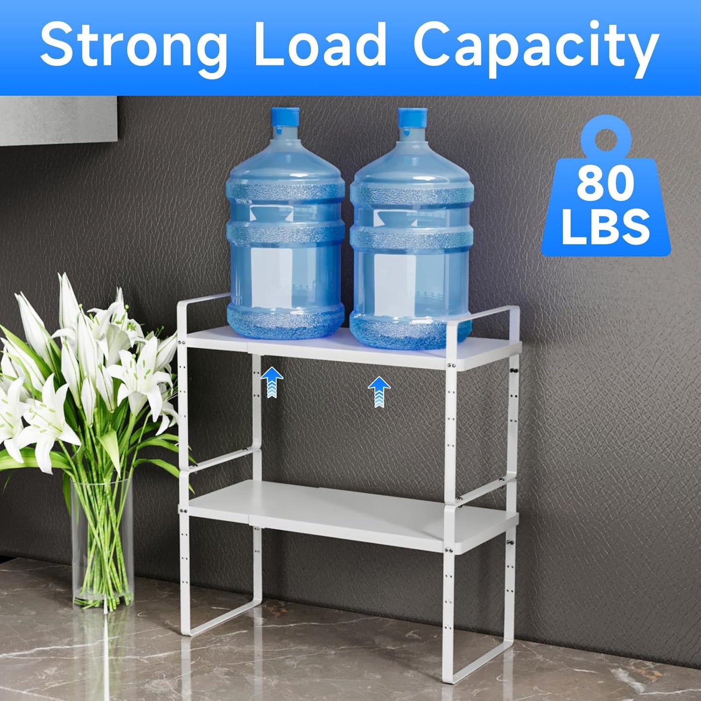 Expandable Cabinet Shelf Organizer, Stackable Kitchen Pantry Counter Storage, Adjustable Closet Cupboard Stand Rack Risers Spice Organization 80LBS Heavy Duty White 2 Pack