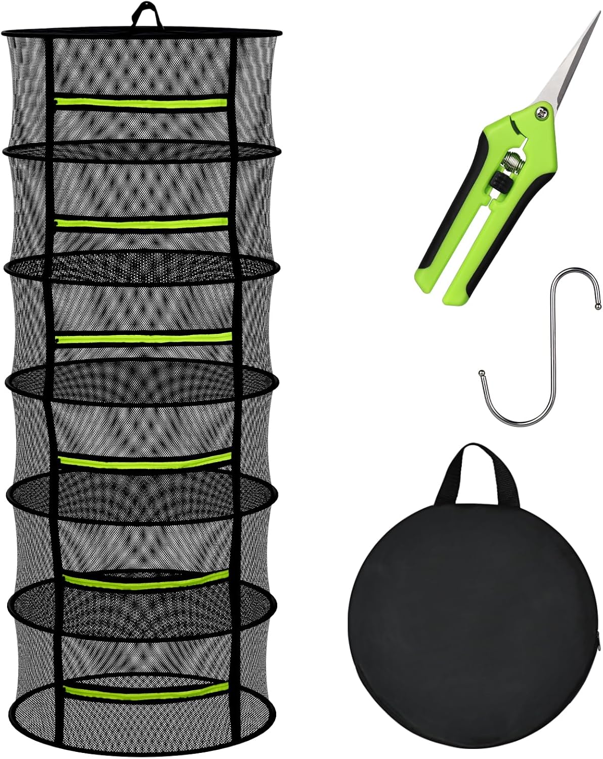 Herb Drying Rack with Mesh Design, Hanging Drying Rack with Green Zipper & Garden Pruning Shears – Versatile Plant Drying Solution (6 Layers)