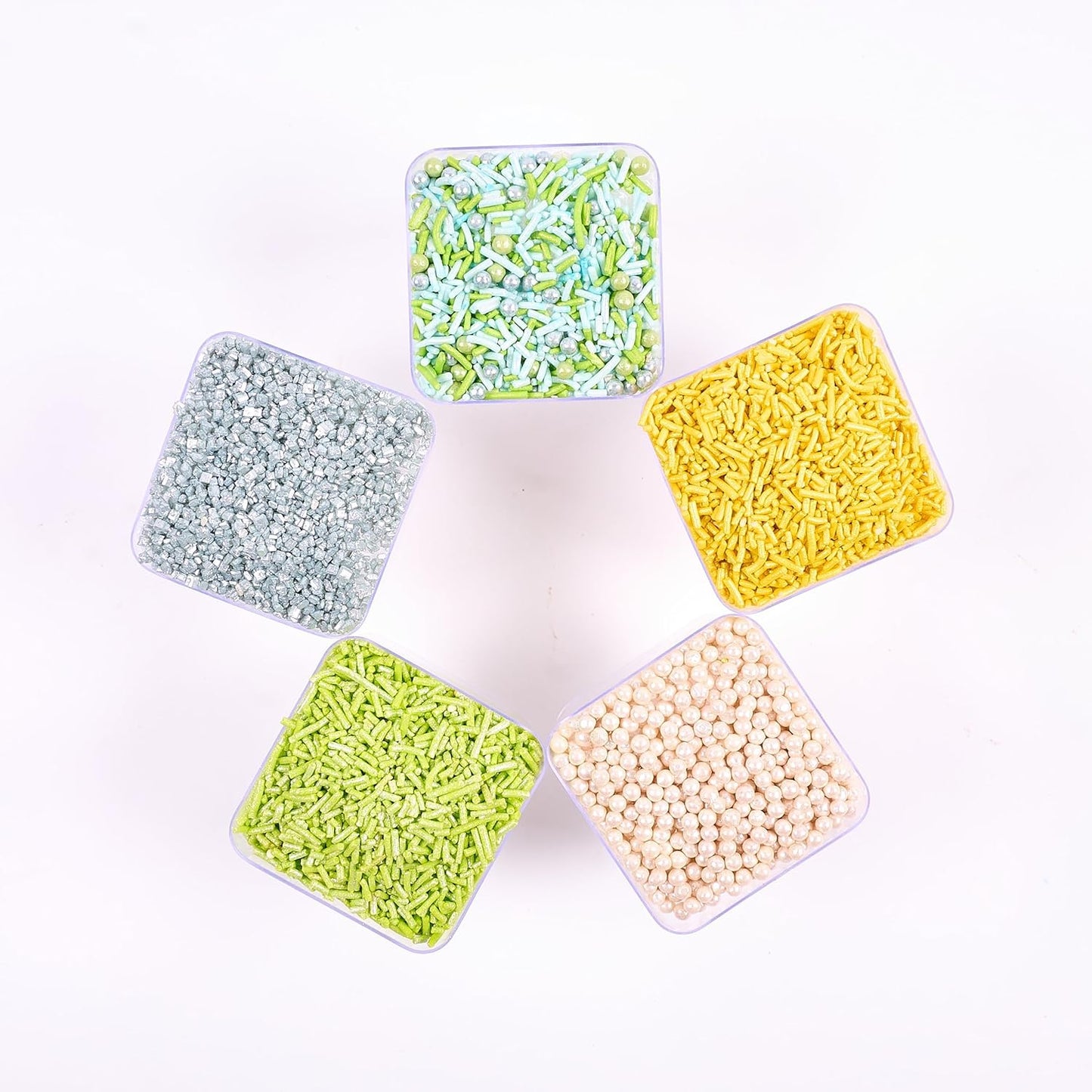Confect Edible Sprinkles for Cakes & Cupcakes Decoration Assorted pack of 5 Summer Fun Sprinkles Mix White Dragees Green Yellow Blue Jimmies Silver Sparkling Sugar | Vegan, Gluten-Free, Nut-Free, Soy-Free, Dairy-Free, Palm Oil-Free - 5 Oz