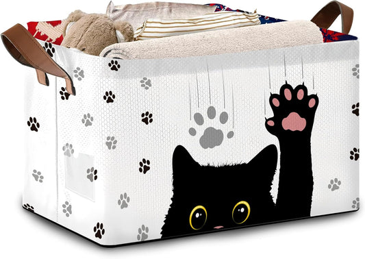 Black Cat Storage Basket Large 17x11.5x10.5 Inche-Collapsible Fabric Organizer Bin with Handles for Halloween Decor, Pet Lovers,Gothic Theme-Decorative Hamper with Minimalist Feline Design-Single Pack