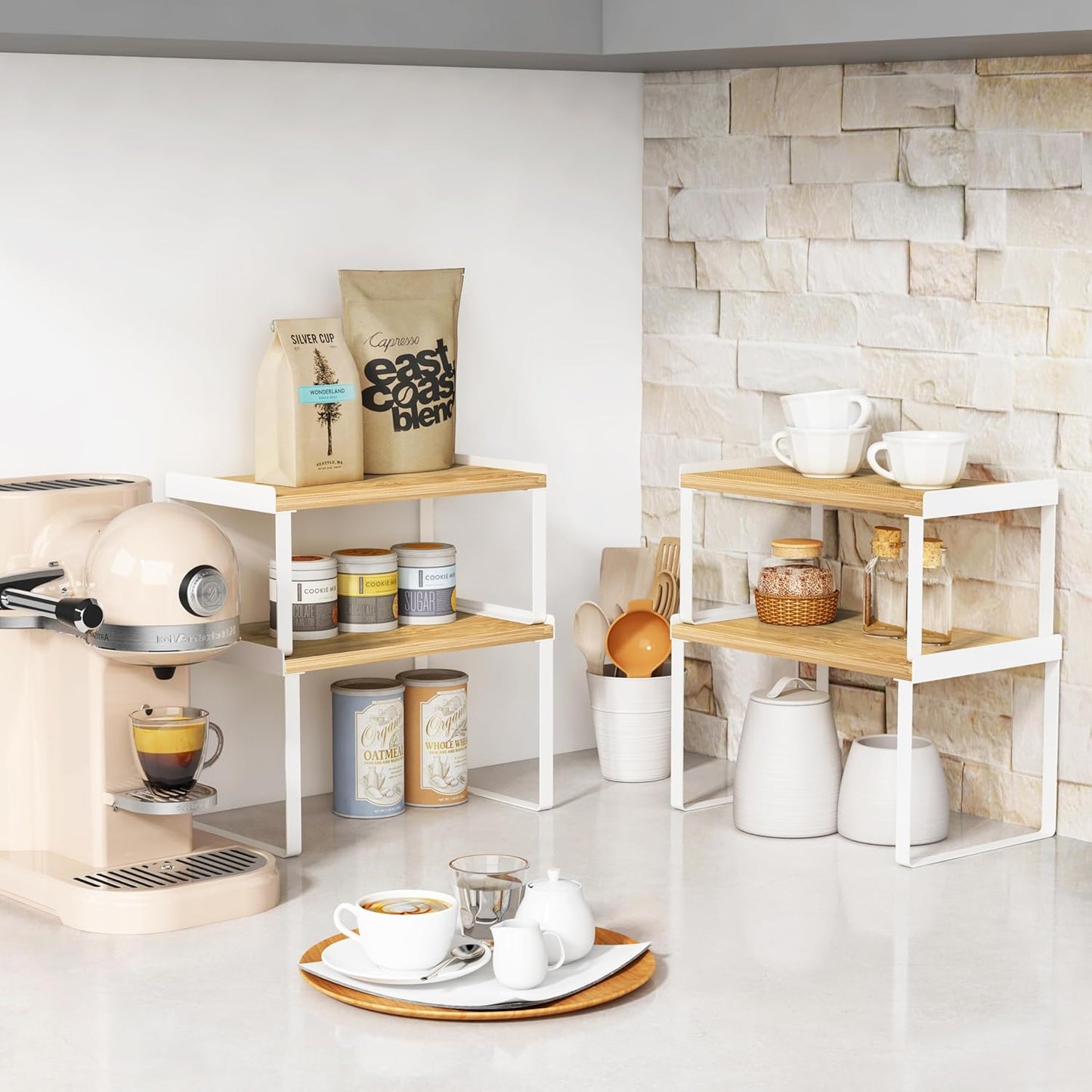 Kitchen Cabinet Organizer Set of 4, Desk Shelf Riser, Stackable Cabinet Pantry Cupboard Organizer, Kitchen Counter top Shelf, Storage Rack for Spices, Plates, Bamboo Wood, White