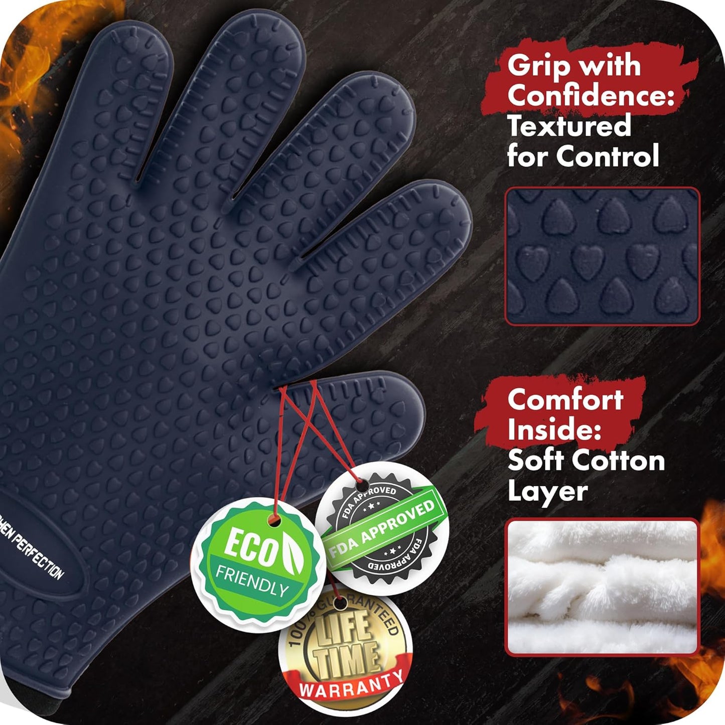 KITCHEN PERFECTION Silicone Smoker Oven Gloves - Extreme Heat Resistant BBQ Gloves - Handle Hot Food Right on Your Smoker Grill Fryer Pit | Waterproof Oven Mitts | Superior Value Set + 3 Bonuses