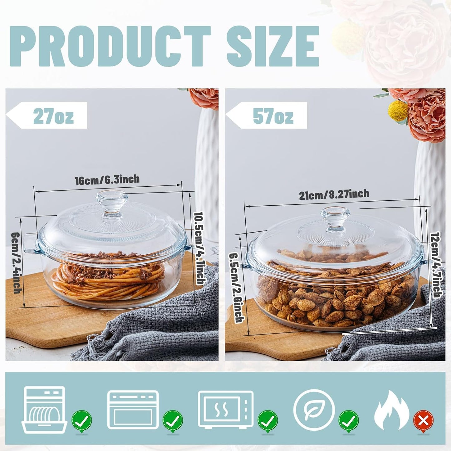 Maxcheck 2 Pieces Glass Casserole Dish with Lid Baking Casserole Dish Covered Cookware Microwave Bowls with Handle for Kitchen Restaurant Home Party Cooking, Oven Safe (Round,0.8L/ 1.7L)