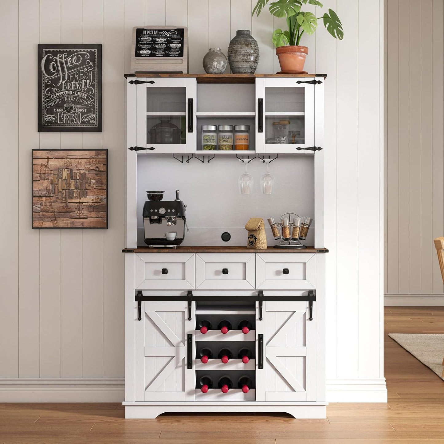 Coffee Bar Cabinet with Sliding Barn Doors 71'' Farmhouse Pantry Cabinet with Drawers & Wine Glass Rack Rustic Buffet Cabinet for Kitchen, White and Brown