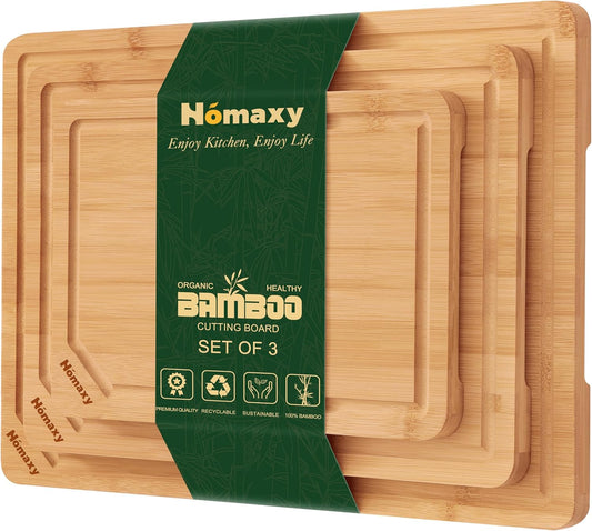 Homaxy Organic Bamboo Cutting Boards Set for Kitchen Set of 3, Wooden Cutting Board Set with Juice Groove and Handles, Charcuterie Serving Tray Wood Chopping Board Set for Meat Fruits & Vegetables