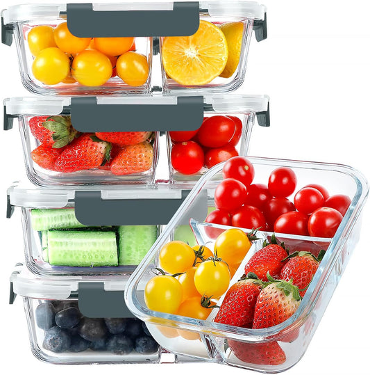 KOMUEE Glass Meal Prep Containers 3 Compartments, 5 Pack 36 oz, Glass Food Storage Containers with Lids, Airtight Lunch Bento Box, Portion Control, Freezer and Microwave Safe
