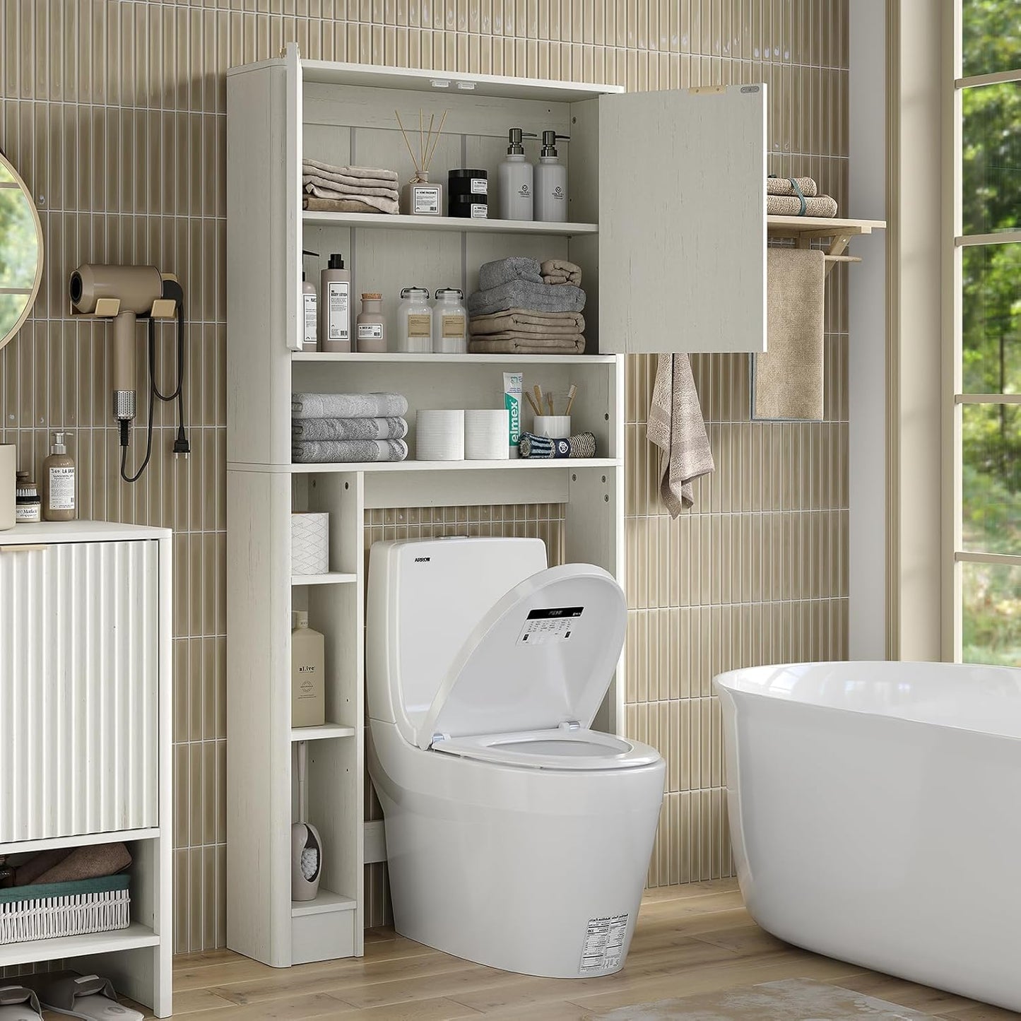 Furnideco Fluted Over The Toilet Storage Cabinet 31''W Modern Above Toilet Storage Cabinet with Fluted Doors & Adjustable Shelf for Bathroom, Antique White