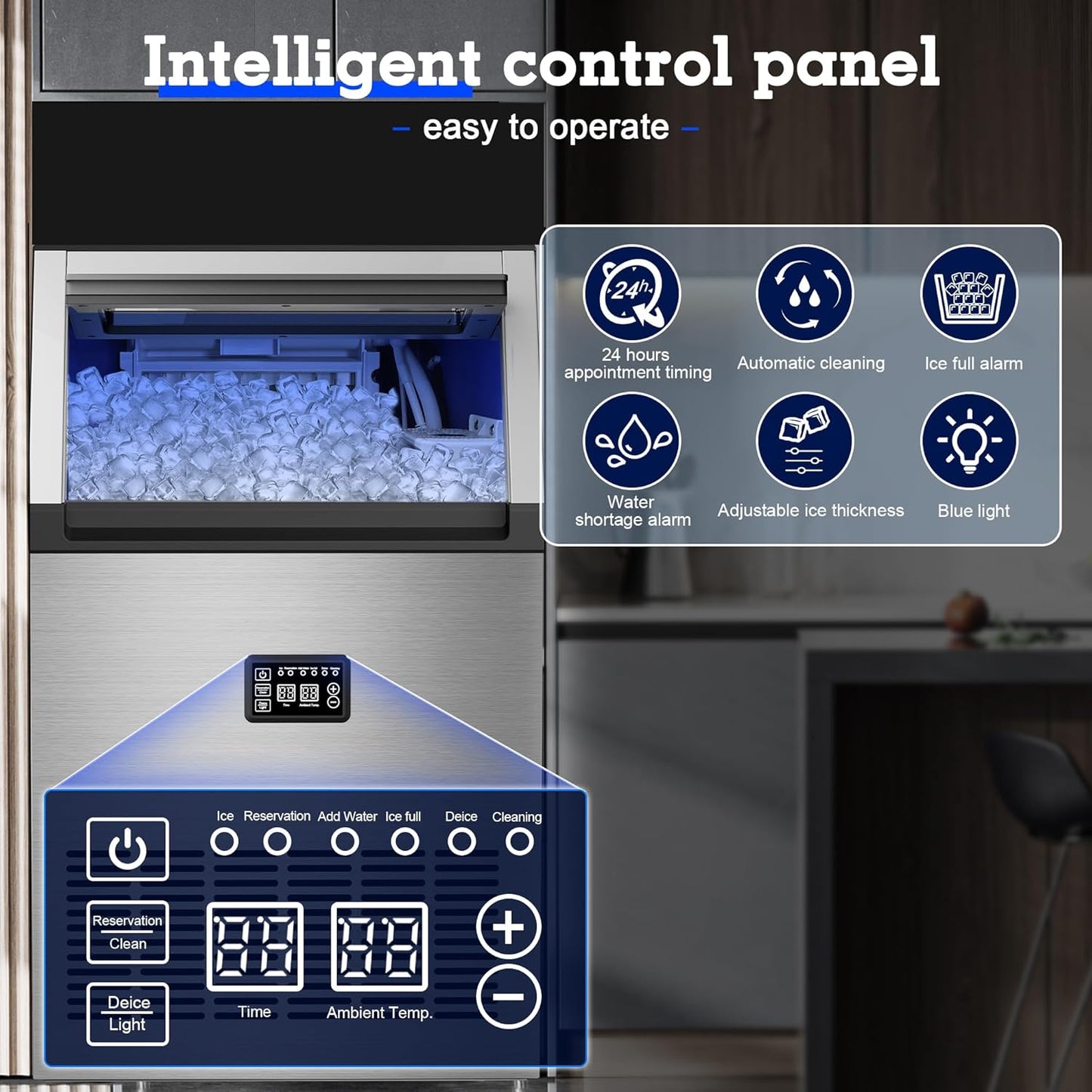 Commercial Ice Maker Machine 200lbs/24H with 34lbs Storage, Stainless Steel Undercounter/Freestanding Ice Machine 2 Water Inlet Modes 55Ice/Cycle, Self-Cleaning for Homes Restaurants Bars