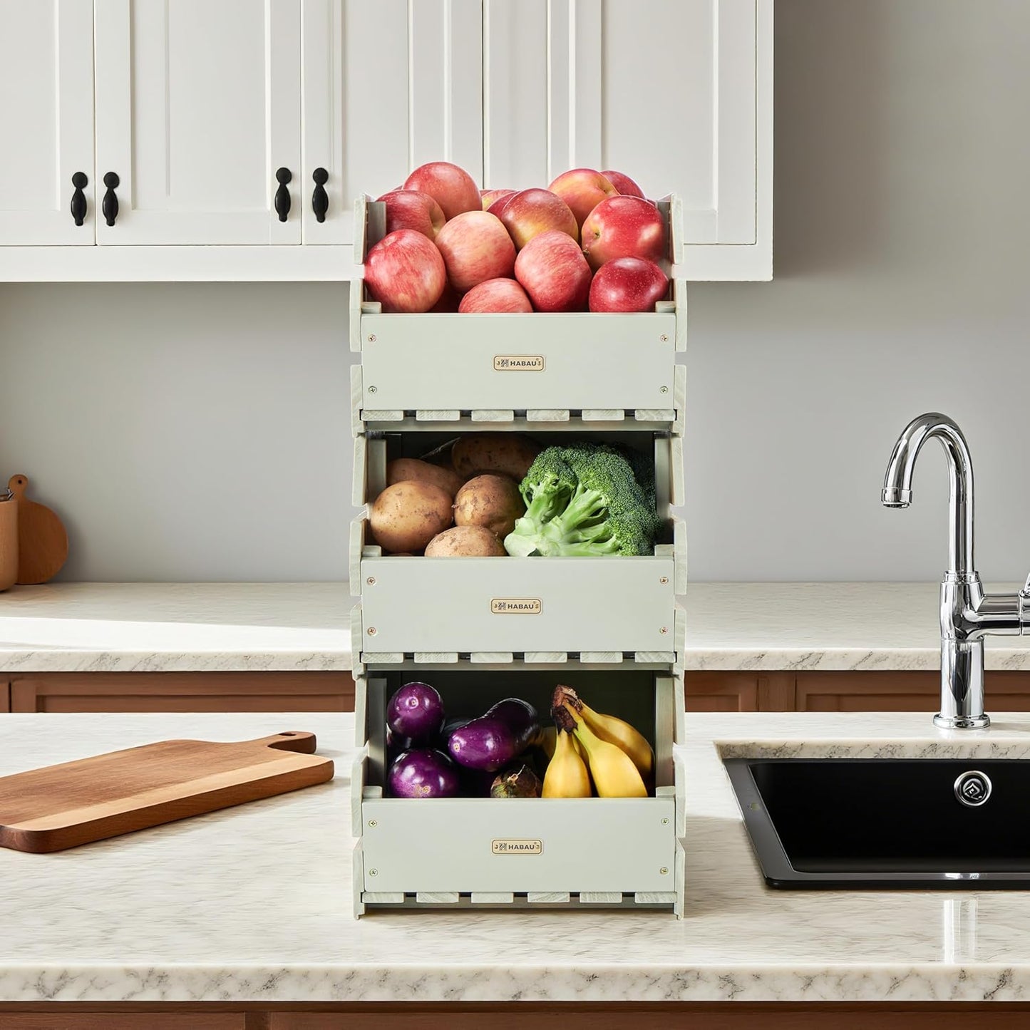 HABAU Wood Potato Onion Storage Bins - Wooden Stackable Produce Basket - Fruit Vegetable Storage for Kitchen Pantry Organization, Set 3 Pieces