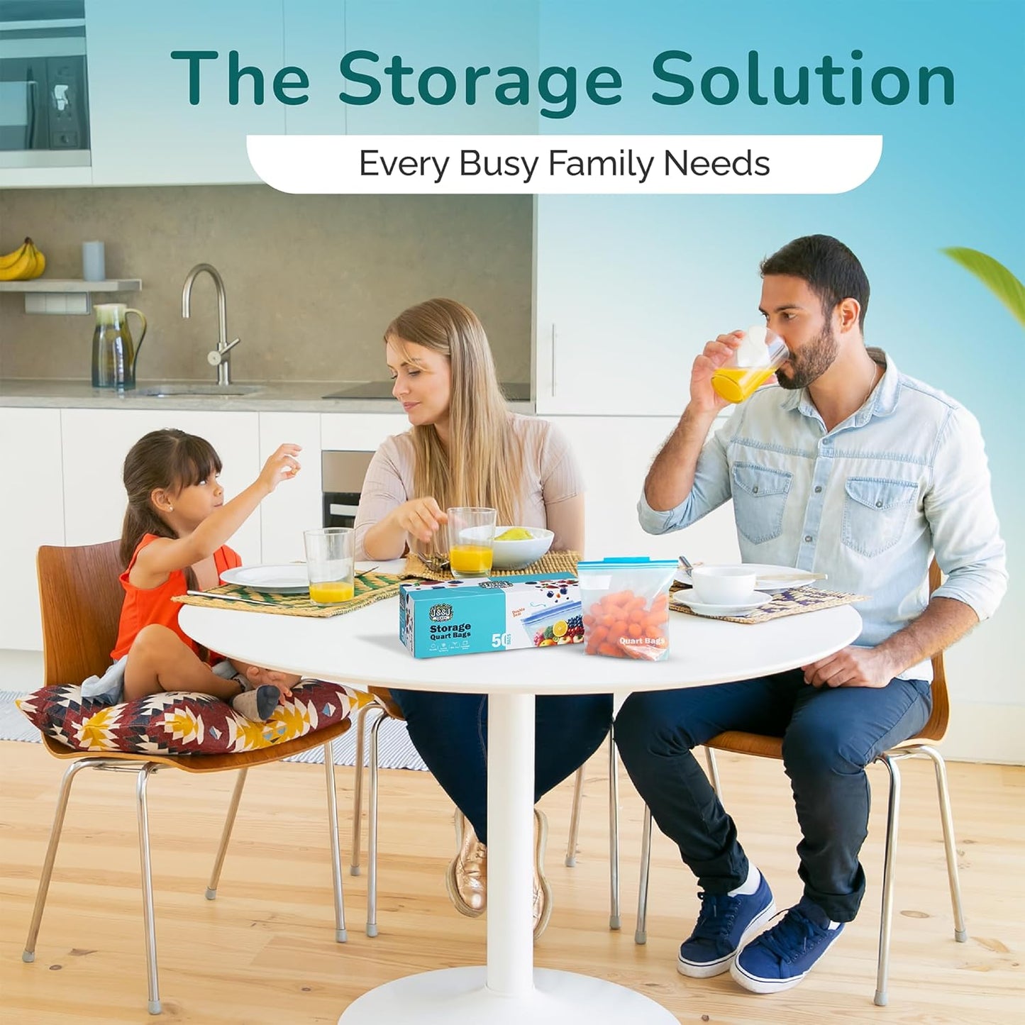 J&&J Fresh Storage Quart Freezer Bags, 50 Pack — Reusable, BPA-Free, Leakproof — Expandable Bottom, Microwave-Safe, Strong Zipper Seal — Quart Bags for Meal Prep & Freezer Storage — Durable & Washable