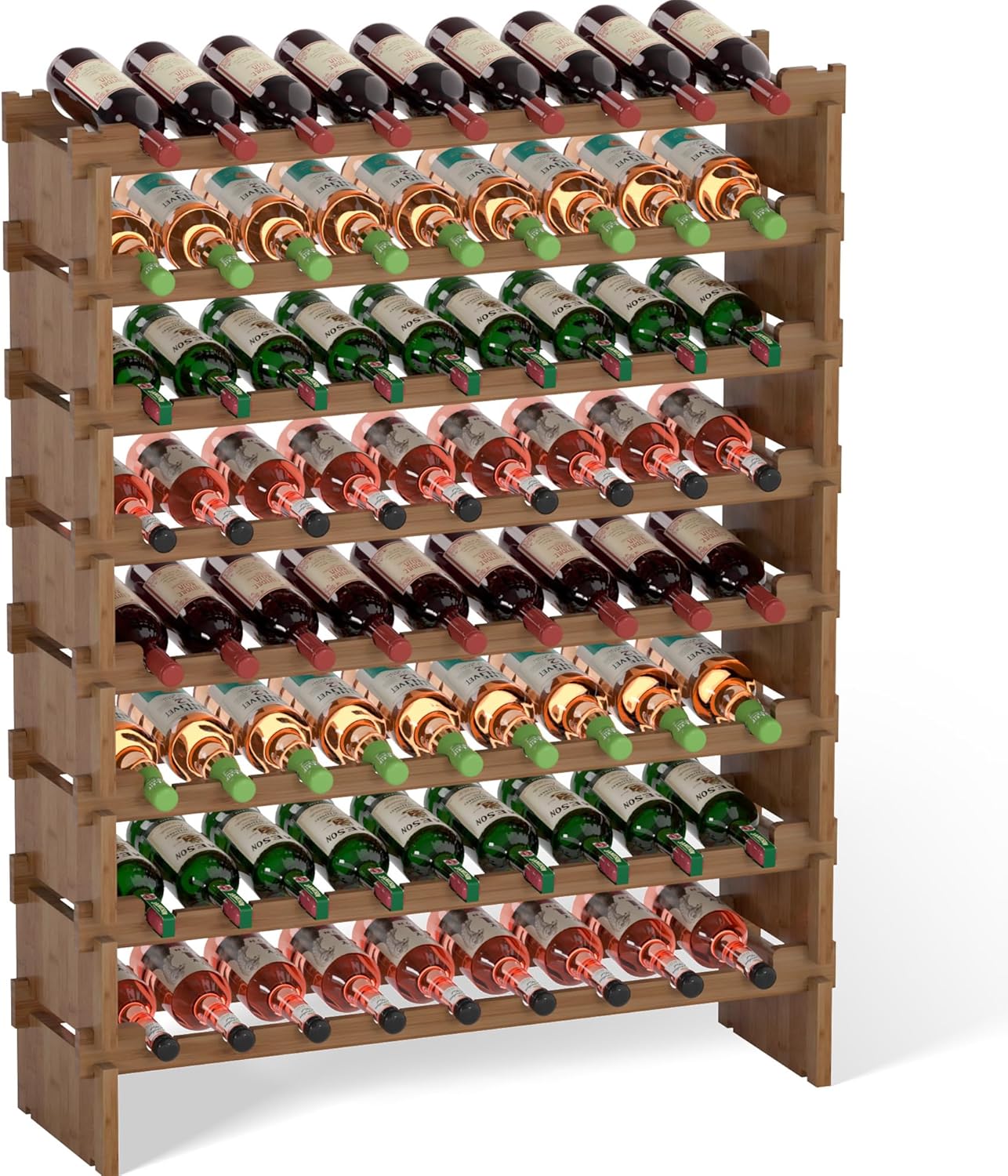 Domax Wine Rack Freestanding Floor - 72 Wine Bottle Holder 8 Tier Stackable Bamboo Wooden Storage Racks for Kitchen, Bar, Pantry and Cellar (Walnut)