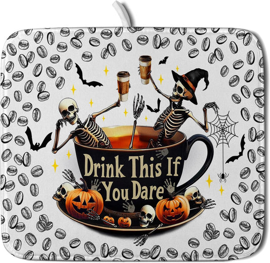 Funny Skull Coffee Matt for Counter Skeleton Dish Drying Mat Halloween Decoration for Home Coffee Bar
