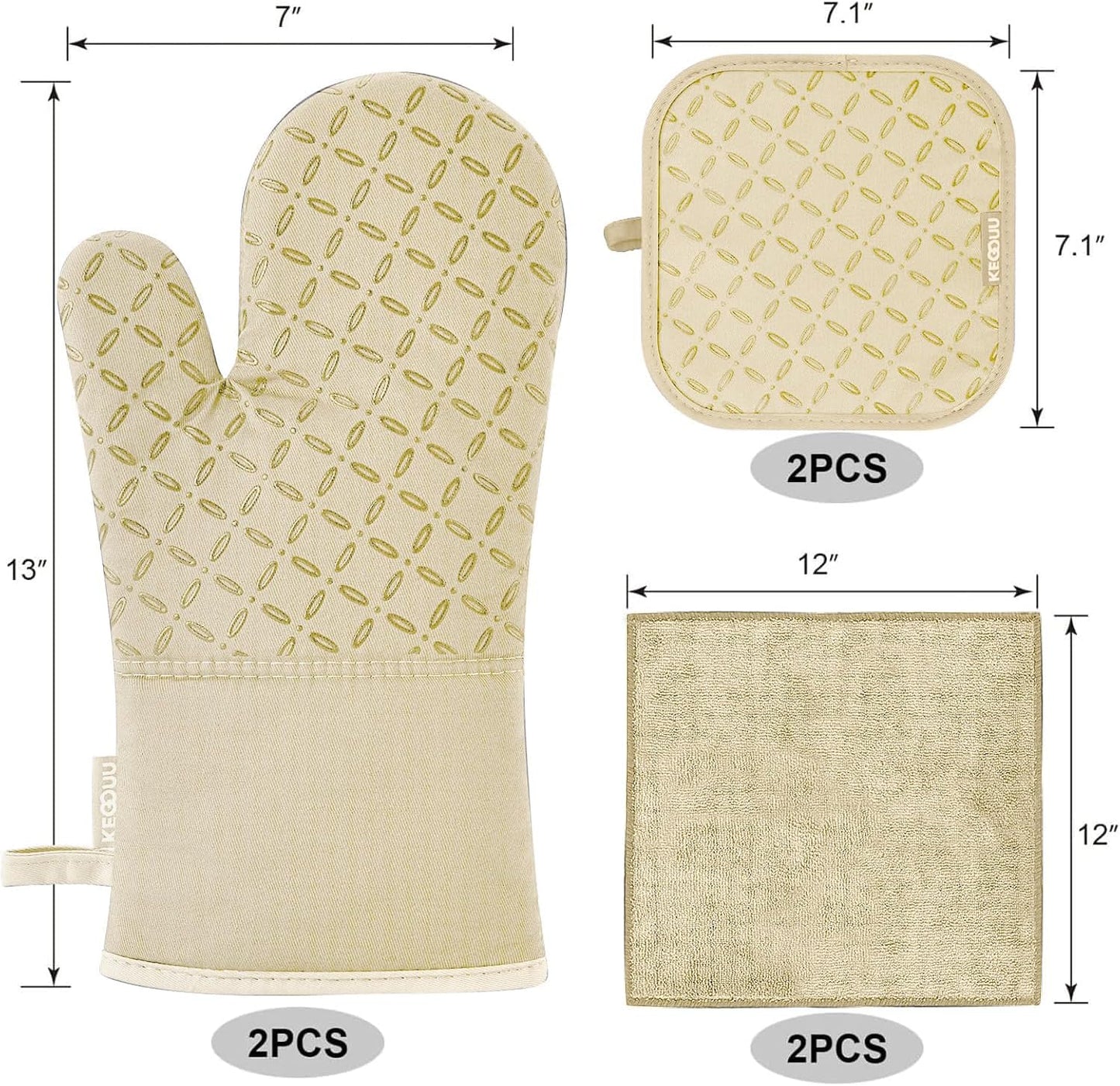 KEGOUU Oven Mitts and Pot Holders 6pcs Set, Kitchen Oven Glove High Heat Resistant 500 Degree Extra Long Oven Mitts and Potholder with Non-Slip Silicone Surface for Cooking (Beige)