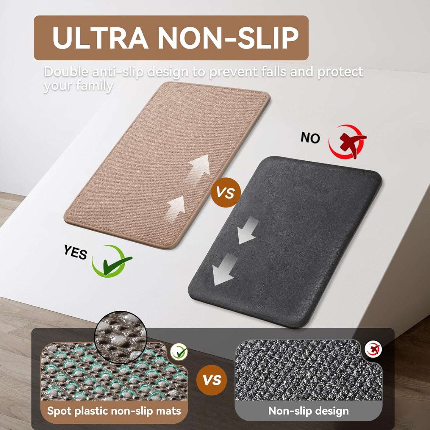 Kitchen Runner Rugs Non Slip Washable, Super Absorbent Cushioned Kitchen Mats for Floor, Linen-Look Woven Sink Mat Standing Floor Mat, Easy Clean, Brown 17"x59"