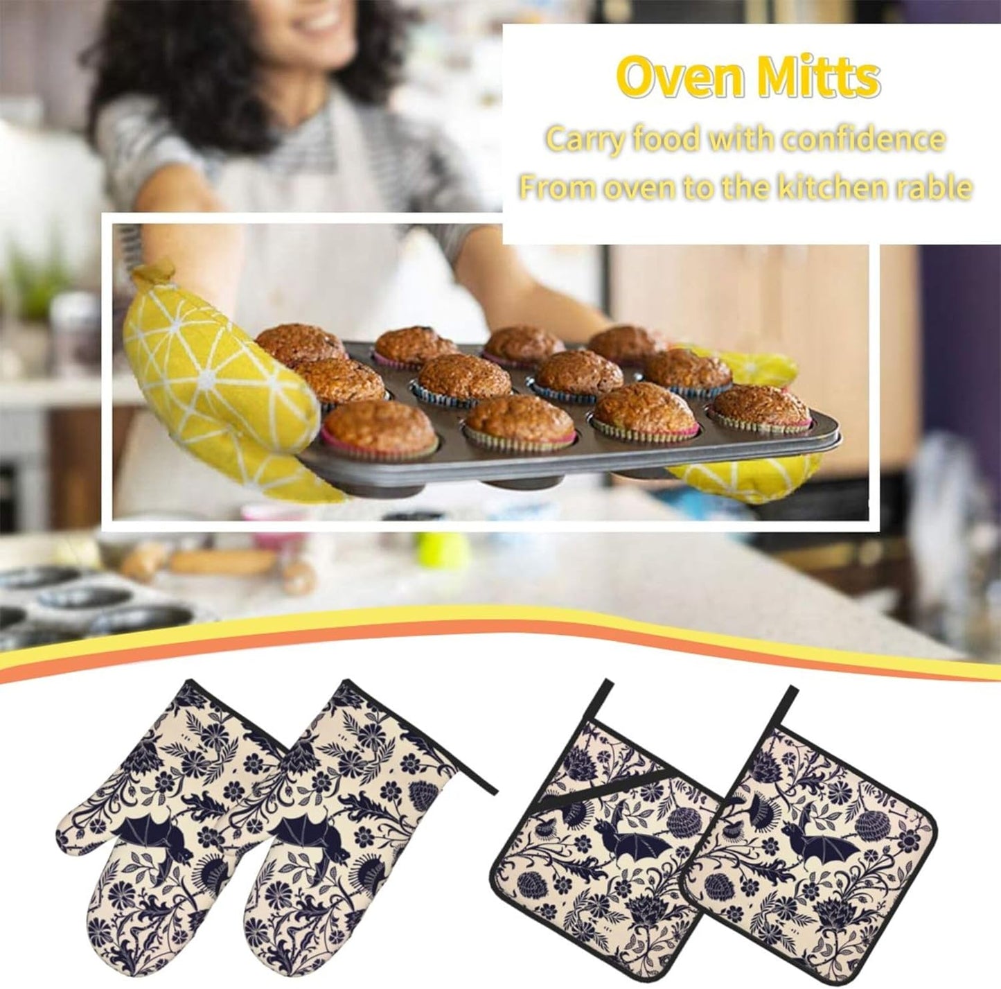 Bats and Flower Oven Mitts and Pot Holders Sets of 4,Resistant Hot Pads with Polyester Non-Slip BBQ Gloves for Kitchen,Cooking,Baking,Grilling