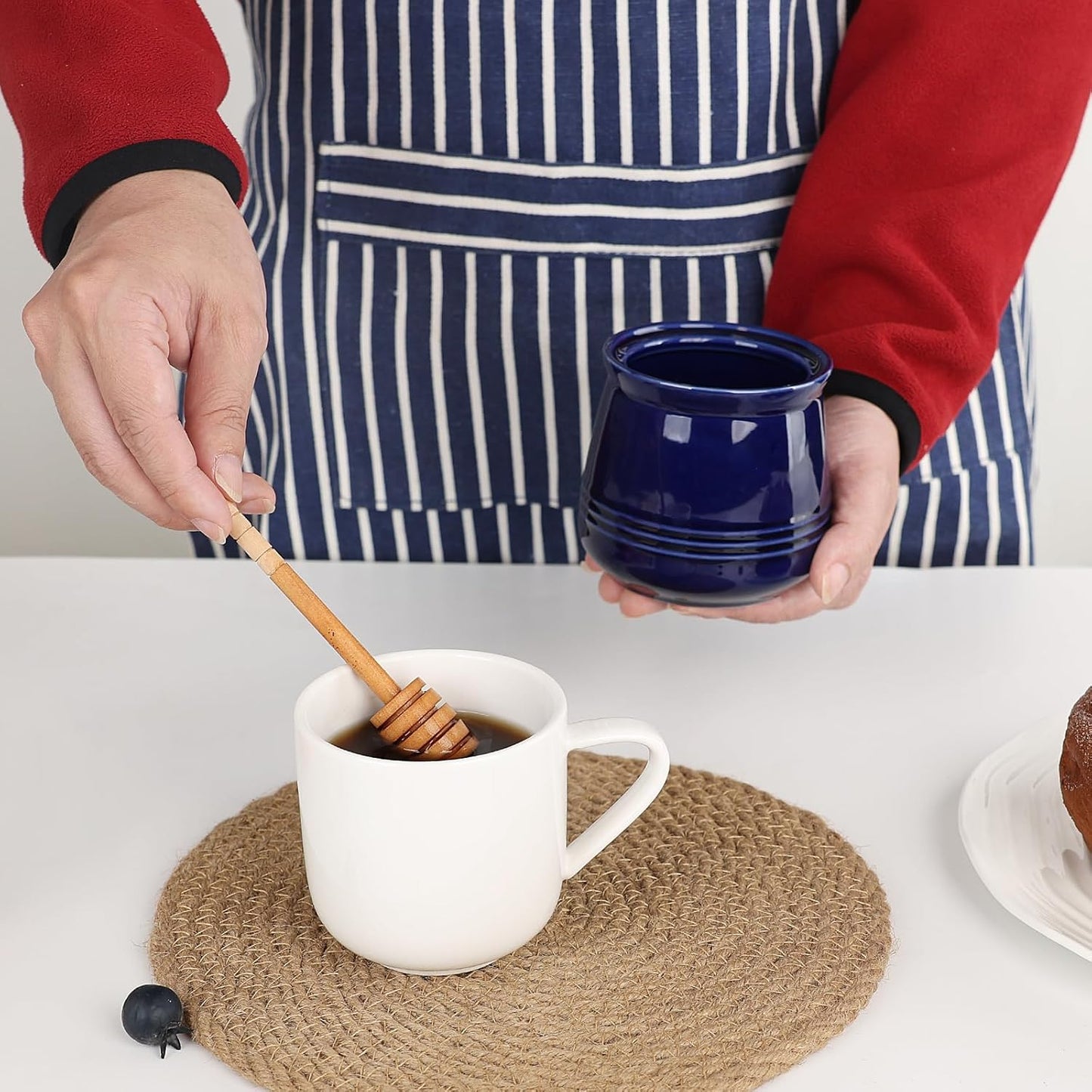 HAOTOP Ceramic Honey pot with Lid and Honey Dipper,Porcelain Honey Jar Easy to Clean and Dishwasher Safe,12oz (Navy)