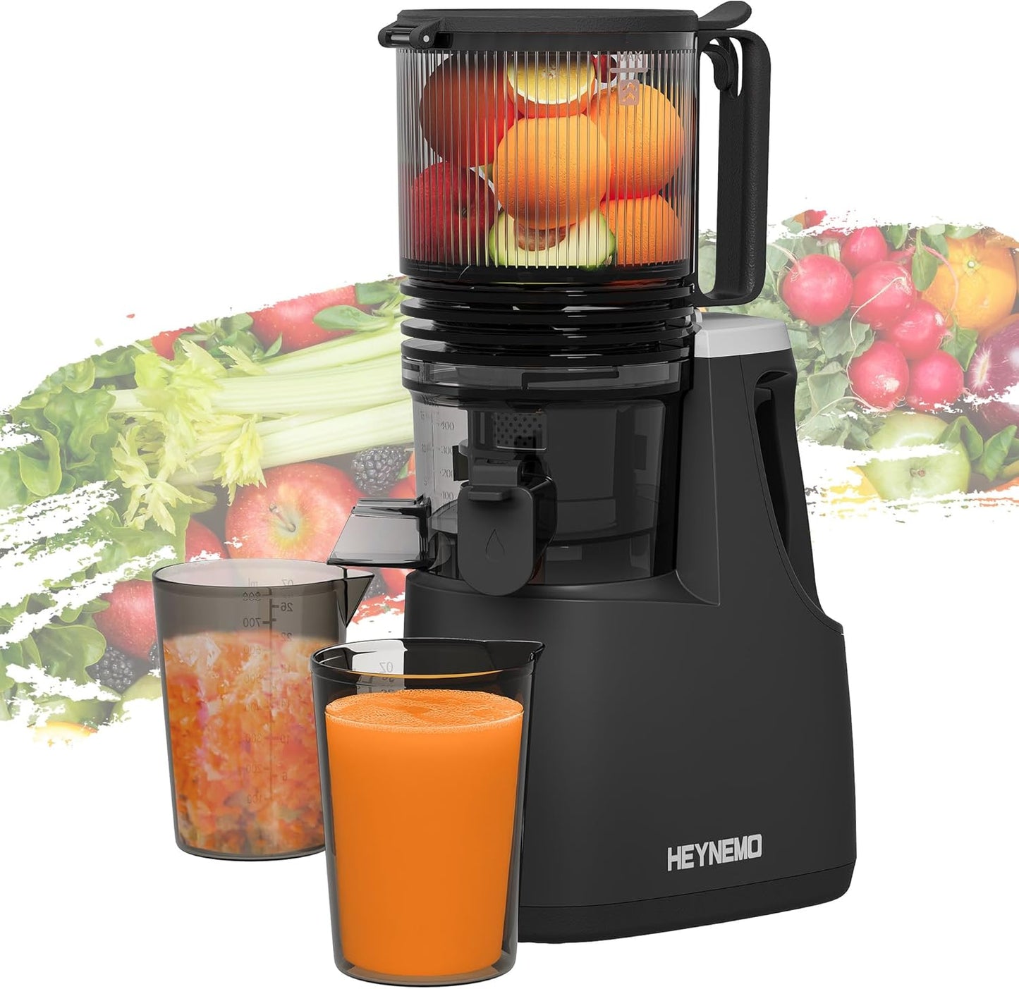 Heynemo Juicer Machines, 5.9" Wide Feed Chute Cold Press Juicer for Whole Vegetable & Fruit, 250W Slow Masticating Juicer Machines with with Dual-Layer Strainer, Easy to Clean,High Juice Yield, Black