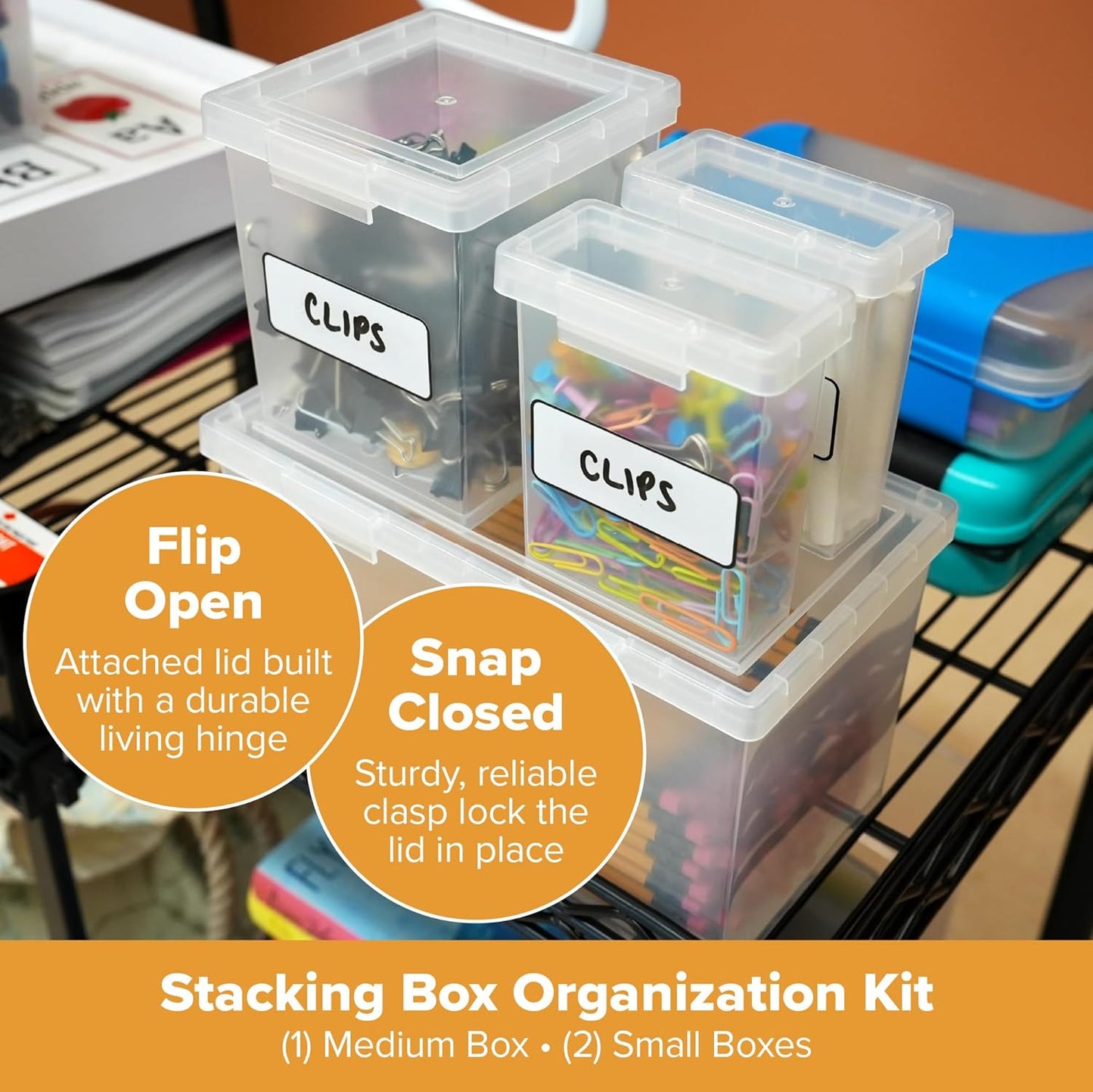 Bostitch Konnect Storage Containers with Lids, Organizer, Clear Plastic Box, Stackable Nesting Bins, 3-Piece Bundle, 1 Medium, 2 Small