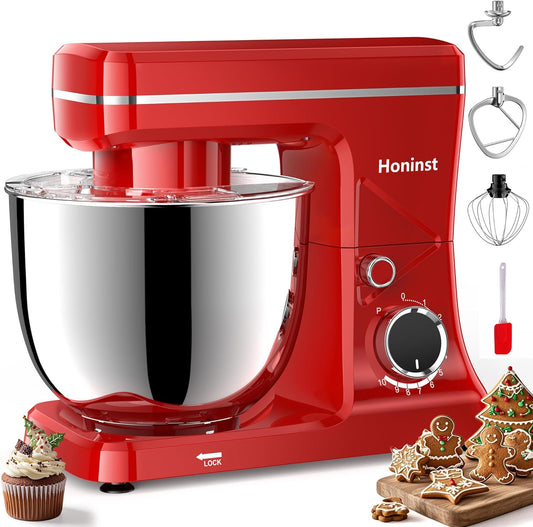 10-Speed Stand Mixer with 8-in-1 Splash Guard, Tilt-Head, 6QT Stainless Steel Bowl + Dishwasher-Safe Dough Hook/Whisk/Beater/Spatula for Baking Bread, Cakes, Cookies, Red
