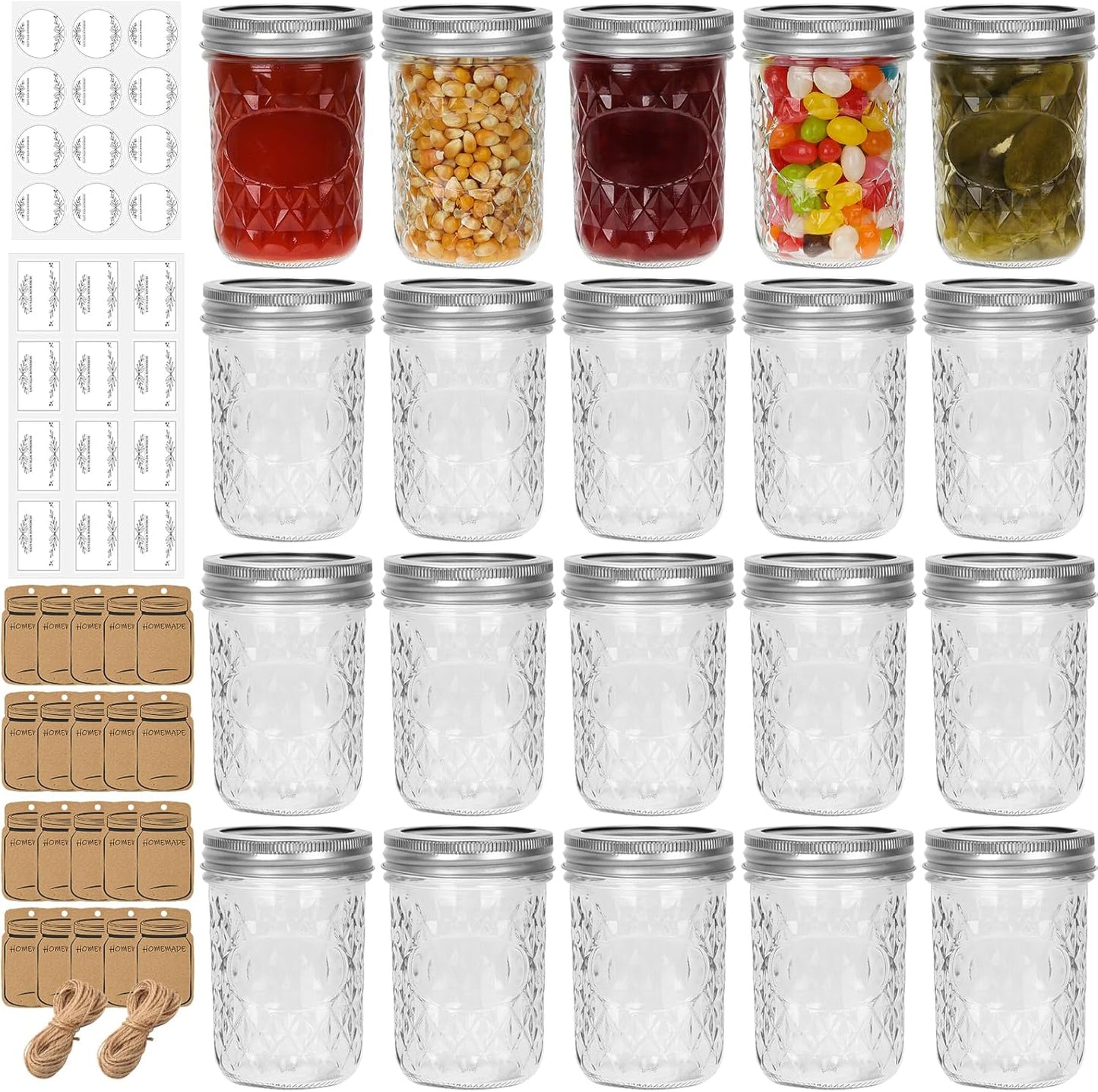 Eathtek 8 oz Mason Jars 20 Pack, 240ml Mini Canning Jars with Regular Lids for Jelly Herbs Spice Honey Storage, Small Glass Jars Candle jars, Extra Lids Tags Label Included
