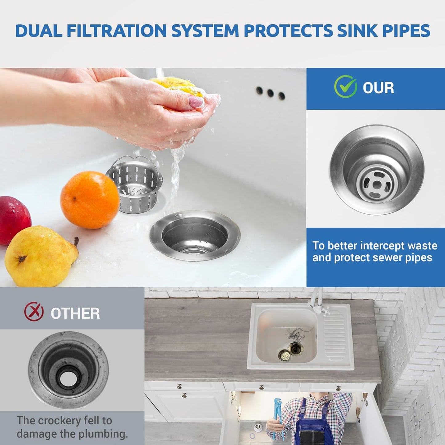 BOTEMY Stainless Steel Sink Drain Strainer 3-1/2 Inch Kitchen Sink Drain Assembly Kit with Removable Deep Sink Strainer Basket and Sink Stopper Flat Cover Replacement for Home Standard Kitchen Sinks