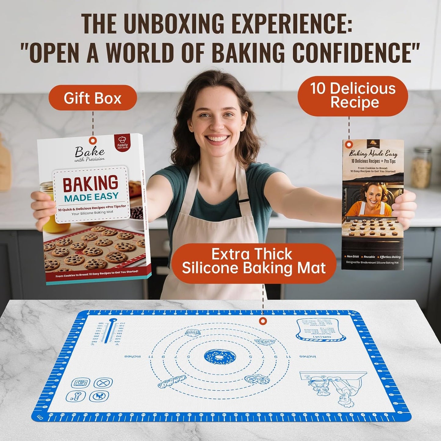 Silicone Baking Mat with 10 Useful Recipes, Silicone Mat for Baking,Cookie, Macaron, Pizza, Surdough,Silicone Sheet for Dough Rolling out, ExtraLarge and 480°F Oven Safe