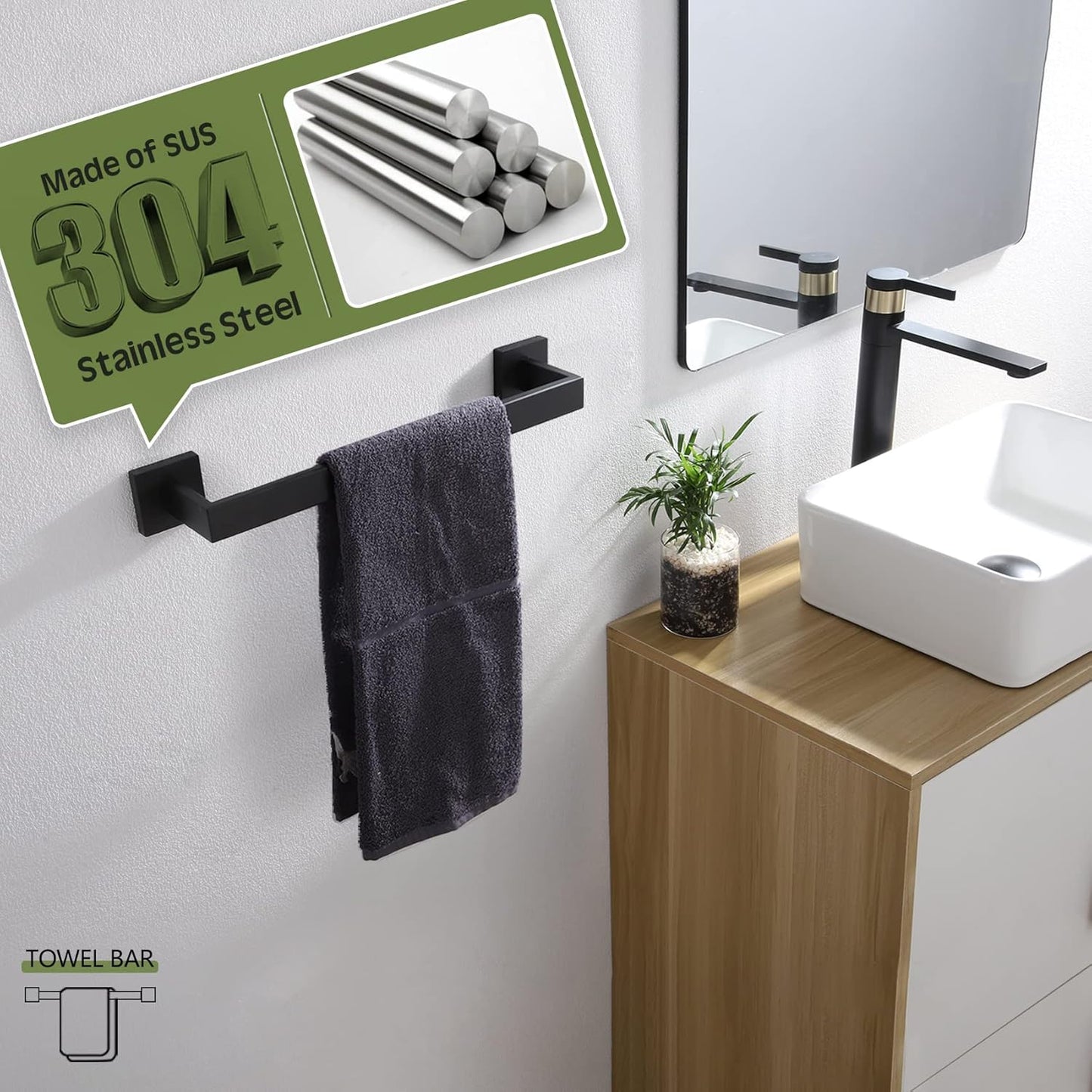 KOKOSIRI 16-Inch Single Towel Bar, Bathroom Kitchen Towel Holder, Wall Mounted SUS304 Stainless Steel Towel Rack 2 Pack, Matte Black, B4003BK-L16-P2