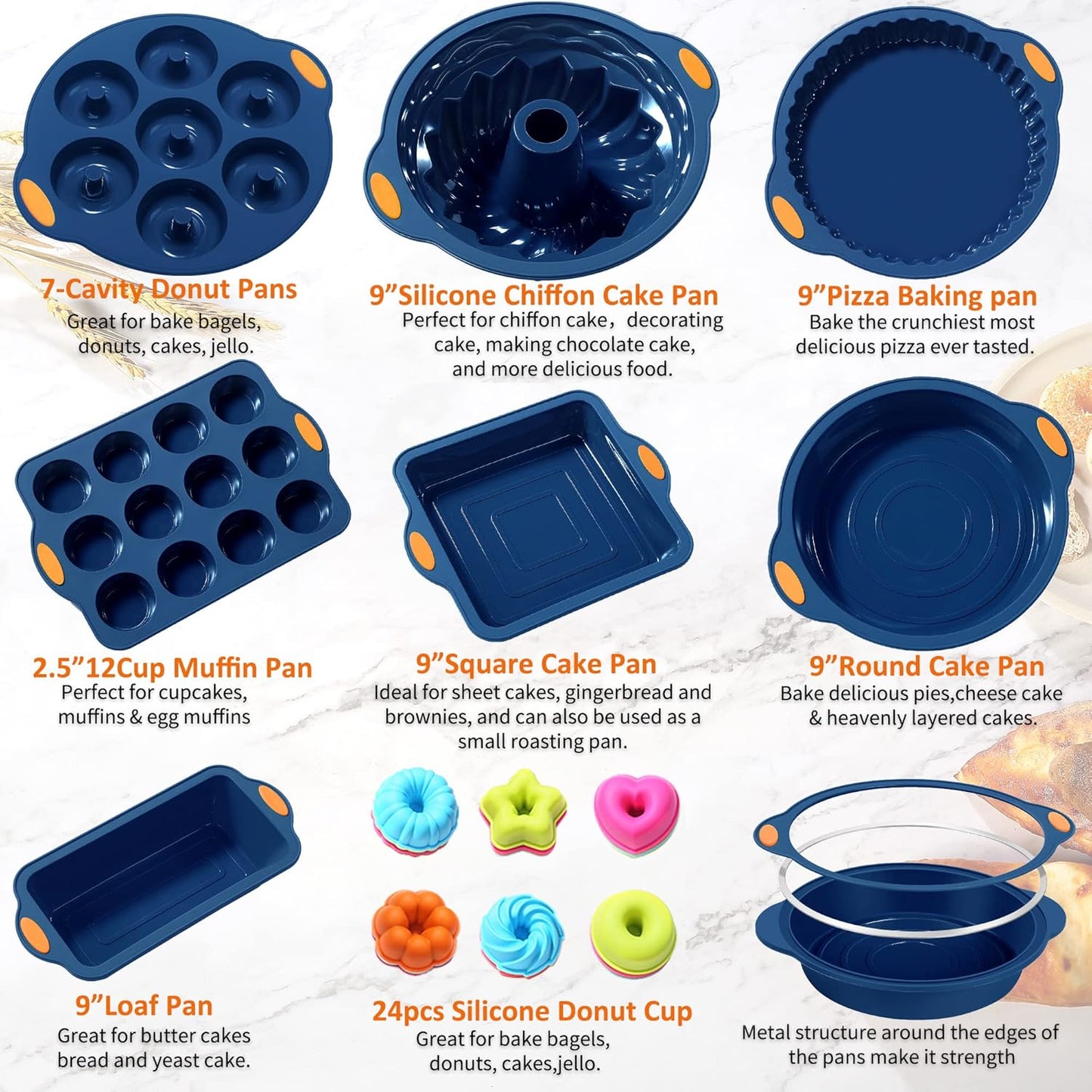 To encounter 31 Pieces Silicone Baking Pans Set, Nonstick Bakeware Sets, Non-Stick Silicone Molds, with Metal Reinforced Frame More Strength, Navy Blue