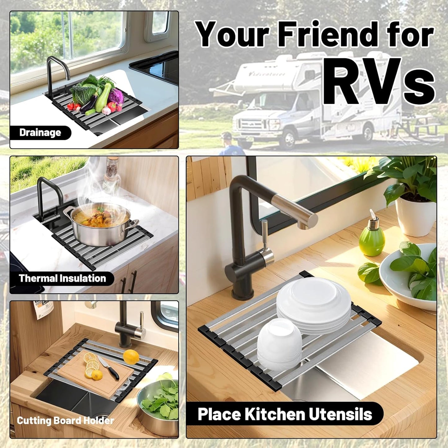 Dish Drying Rack, 19.7" X 13" Over Sink Drying Rack, Kitchen Roll Up 304 Stainless Steel Drain Rack, Roll Up for Kitchen and RV Sinks, Black