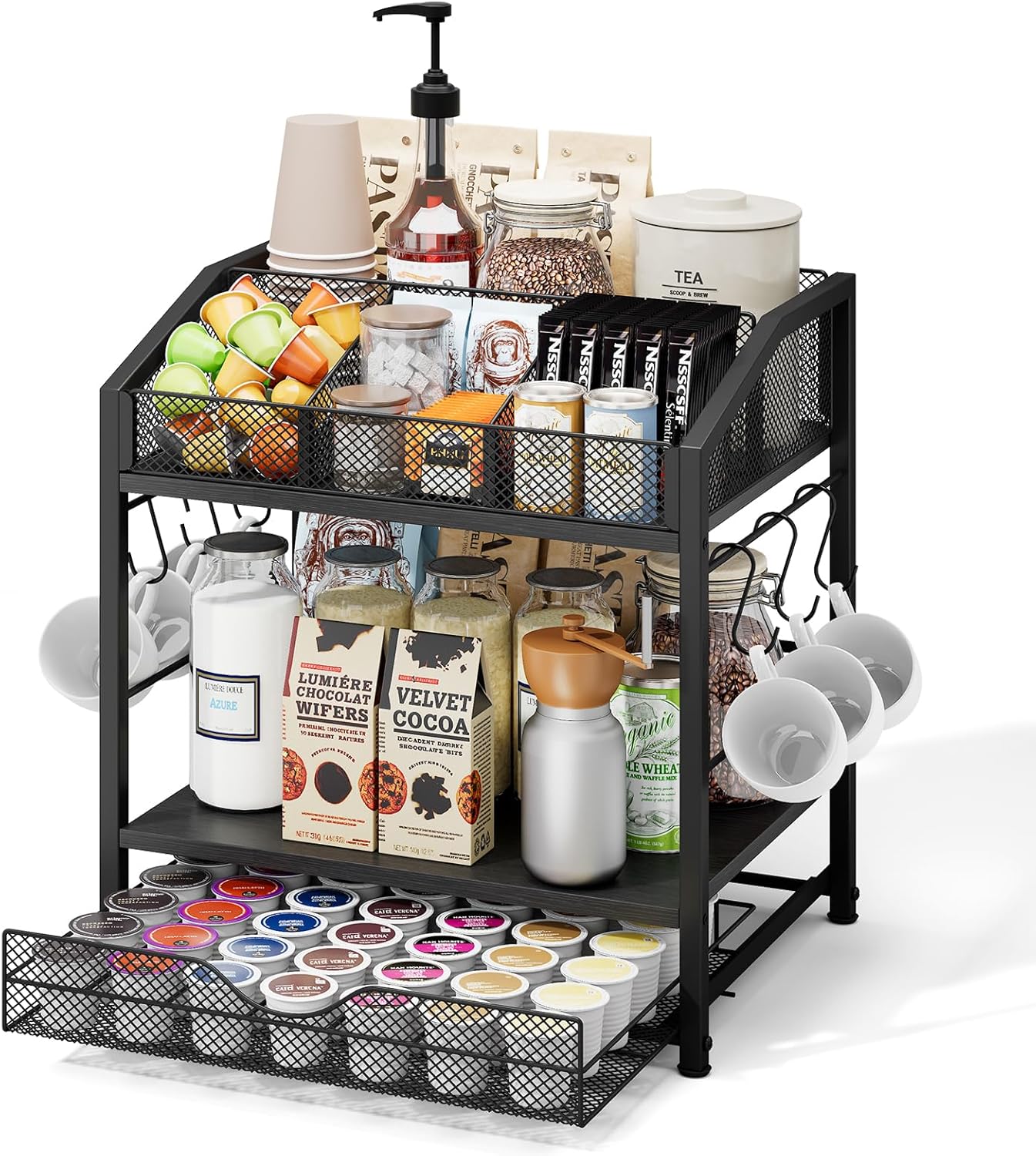 Coffee Bar Organizer - Countertop Coffee Station, 42 K Cup holder Storage Basket with Drawer and Hooks for Syrup, Cups, Stirrer, Condiment, Tea Organizer, Black