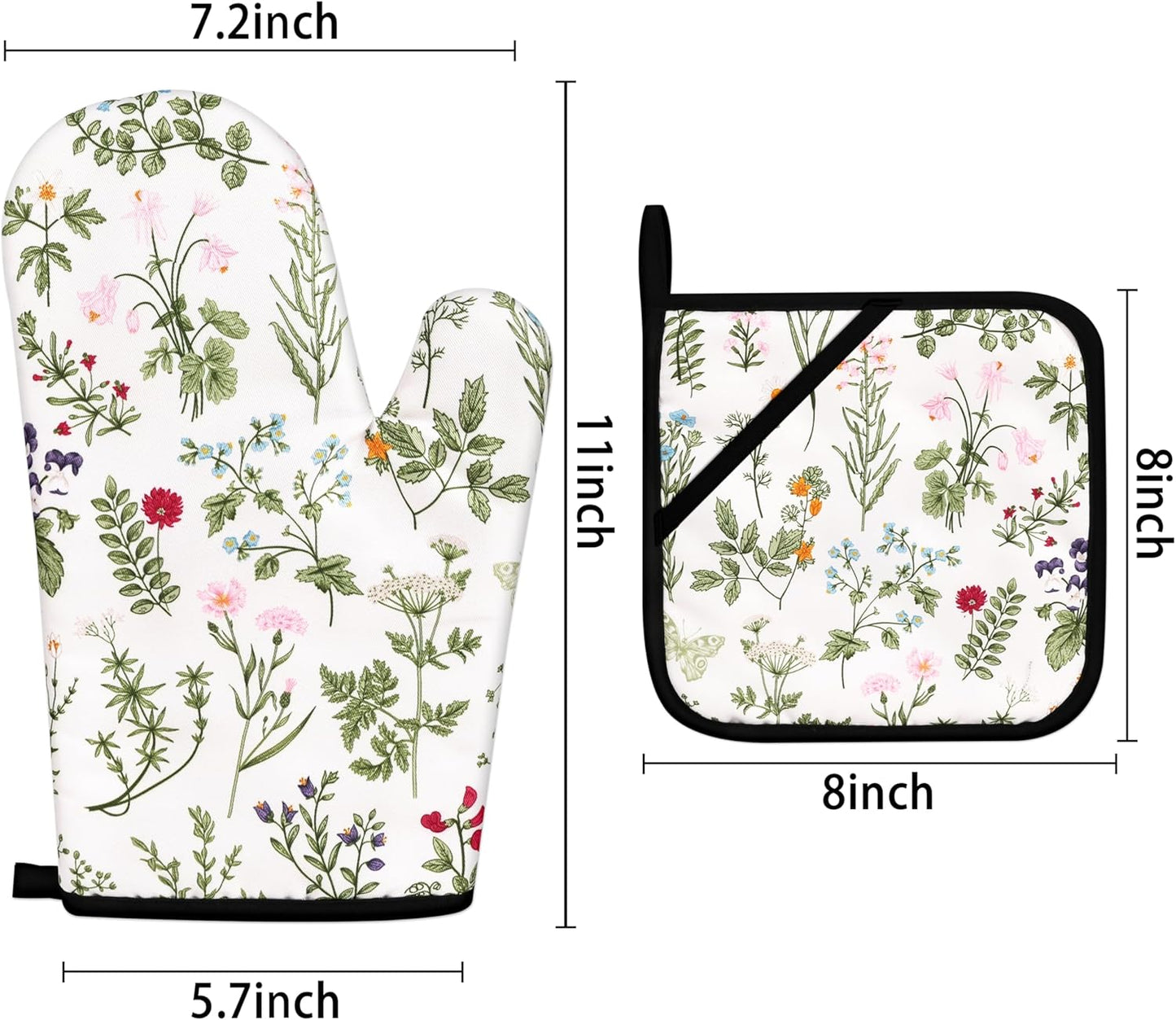 Floral Oven Mitts and Pot Holders Sets Wildflower Oven Gloves Heat Resistant 4 Pcs Pretty Decorative Kitchen Hot Pads and Mitts for Baking Cooking Grilling