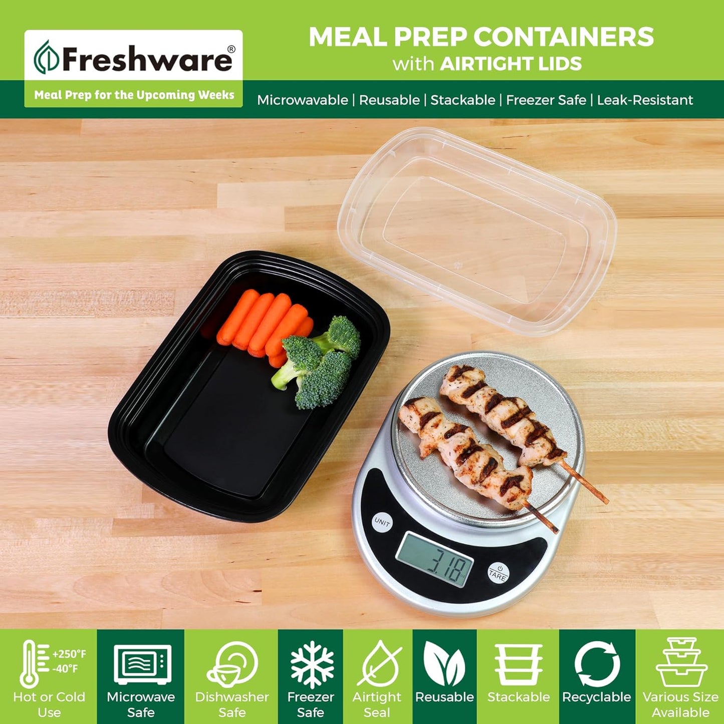 Freshware Meal Prep Containers [45 Pack] 1 Compartment with Lids, Food Storage Containers, Bento Box, BPA Free, Stackable, Microwave/Dishwasher/Freezer Safe (38 oz)
