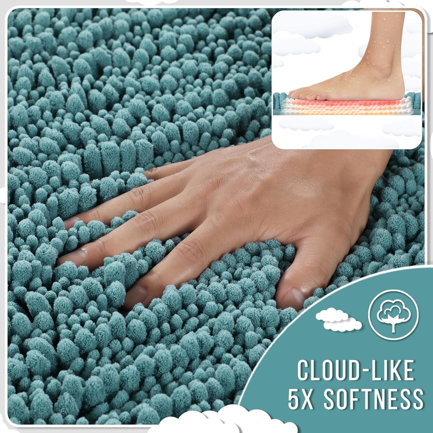 Yimobra Long Bathroom Rugs Non Slip Washable 44x24 Inch - Ultra Soft Absorbent Chenille Bath Mat, Quick Dry Shaggy Floor Carpet for Tub Shower, Teal Blue Home Decor Accessories